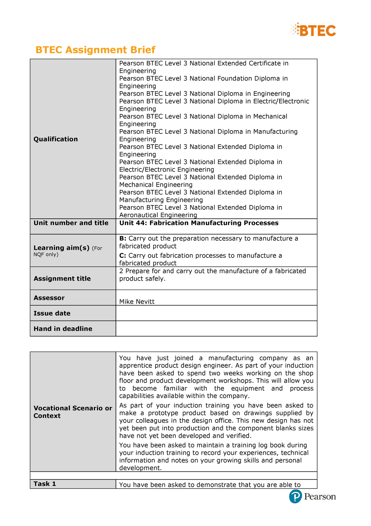 Unit 44 Authorised Assignment Brief For Learning Aims B And C ...