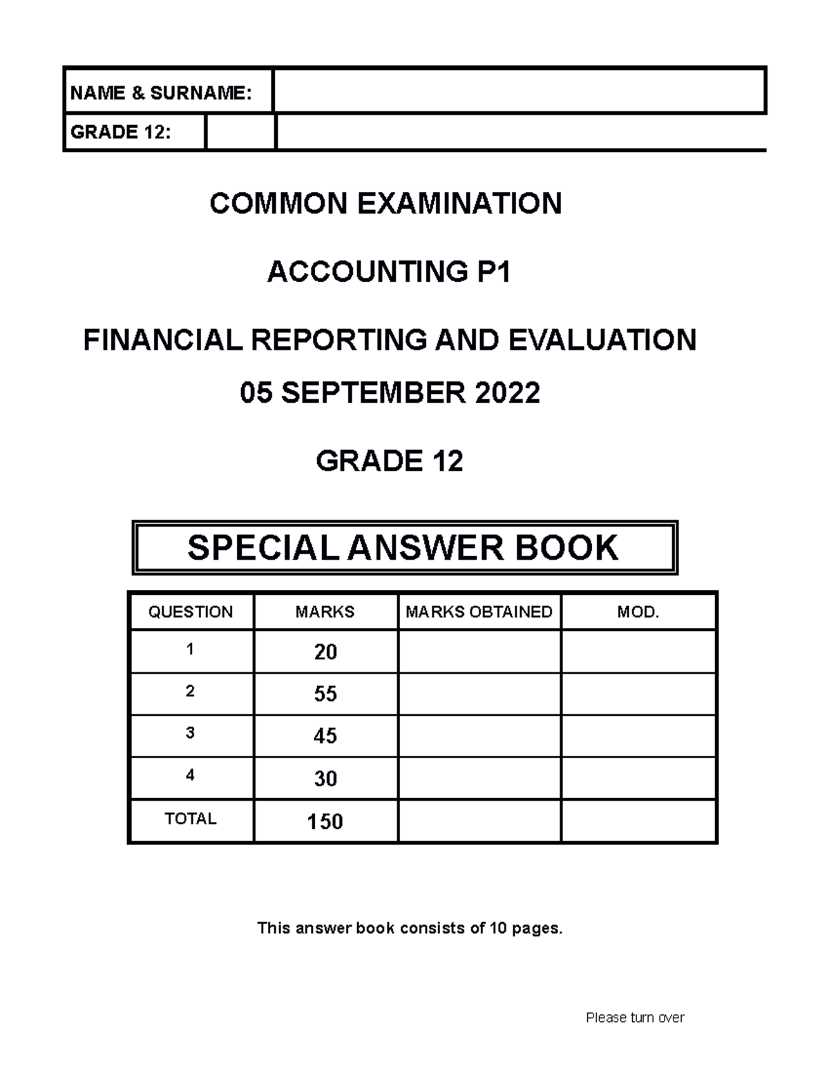 Accounting Trial EXAM Paper 1 2022 AB NAME & SURNAME GRADE 12