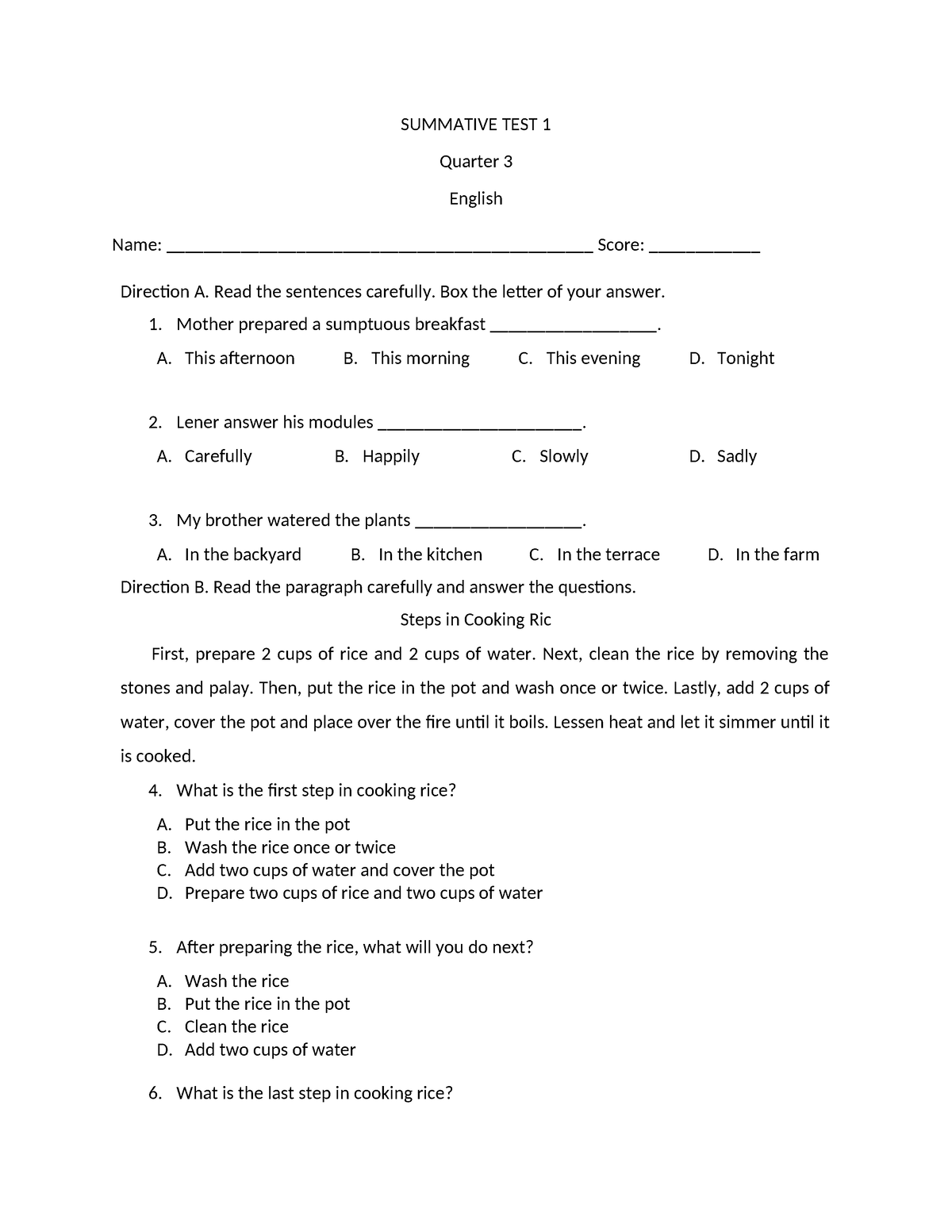 Summative TEST 1 English - SUMMATIVE TEST 1 Quarter 3 English Name ...