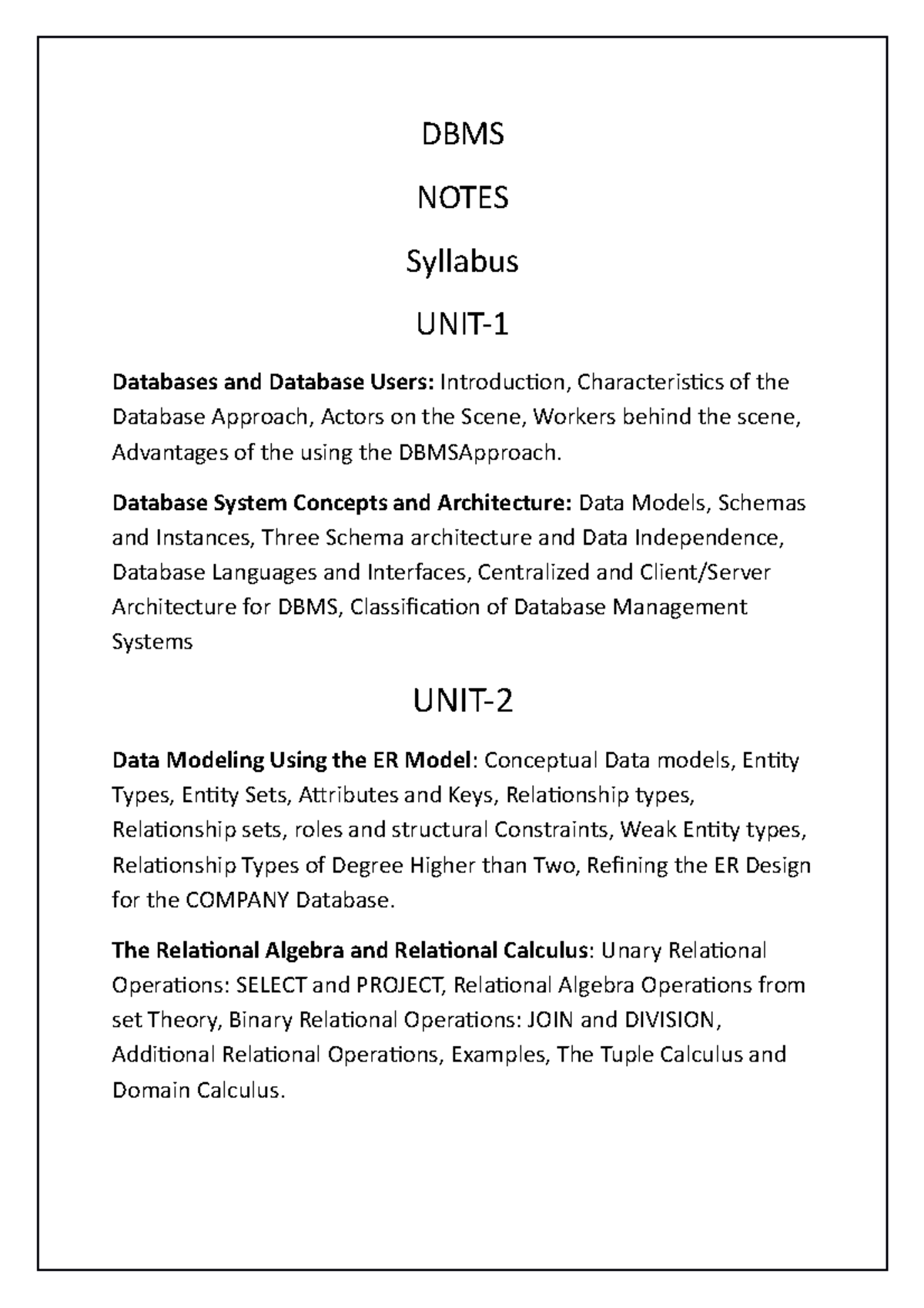 DBMS Notes - DBMS NOTES Syllabus UNIT- Databases And Database Users ...