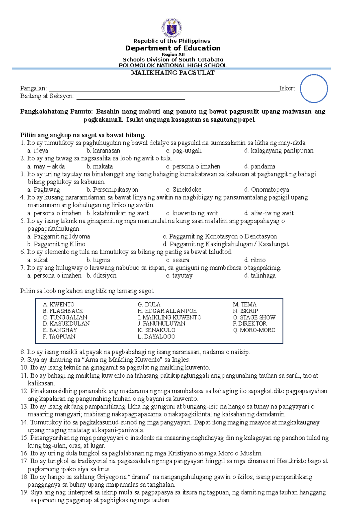 MP Pretest - Republic of the Philippines Department of Education Region ...
