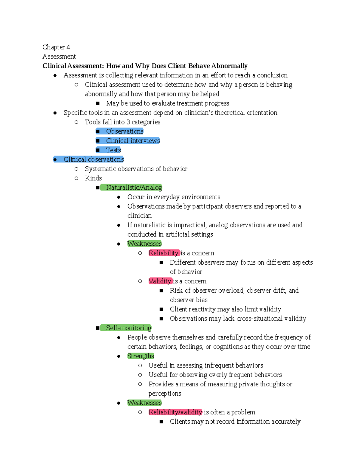 Abnormal Psych Exam 2 notes - Chapter 4 Assessment Clinical Assessment ...
