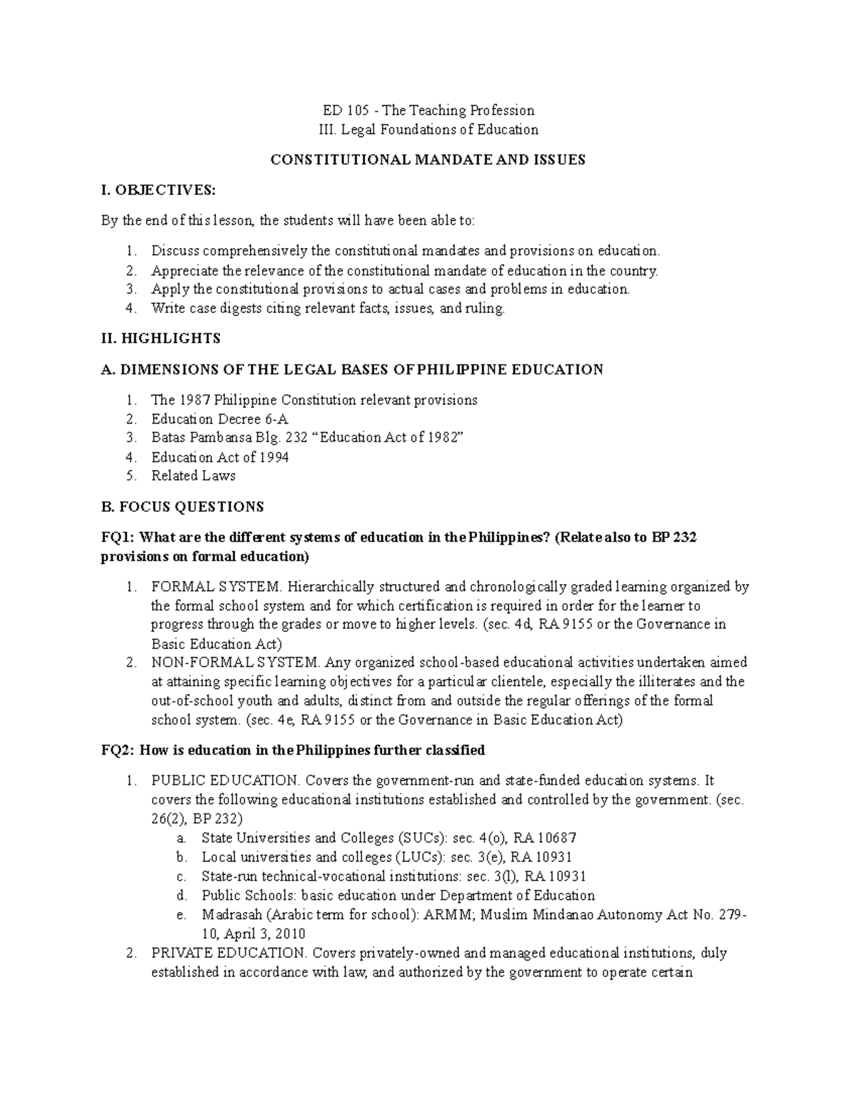 Legal Foundations of Education - Exercise 1 - ED 105 - The Teaching ...