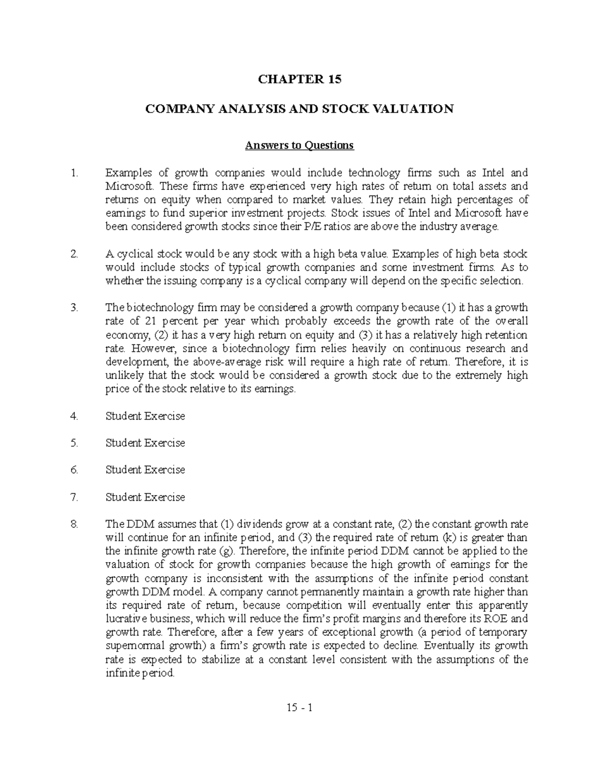 Sm15 - SOLUTION MANUAL - CHAPTER 15 COMPANY ANALYSIS AND STOCK ...