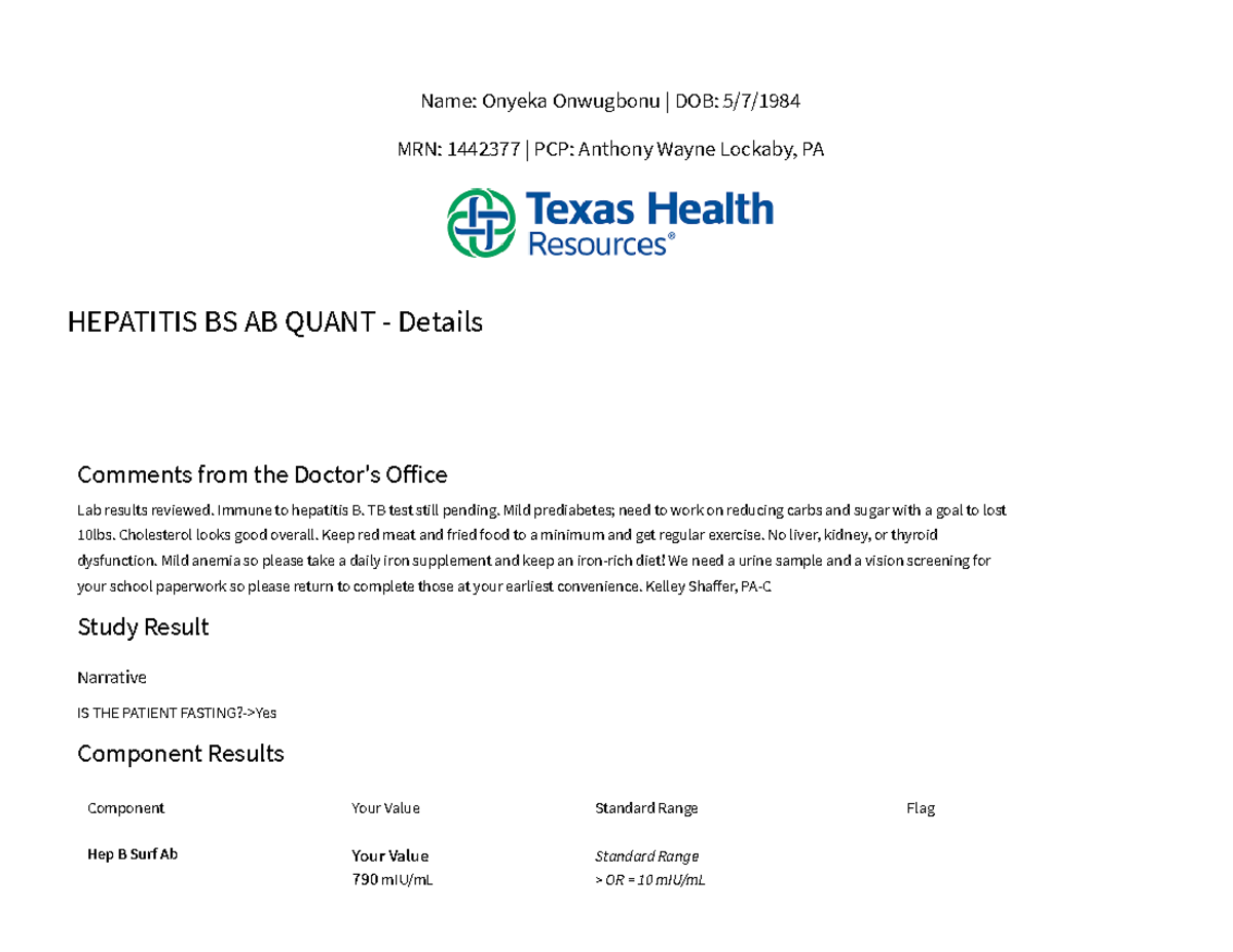 Hepatitis - note - Comments from the Doctor's Office Lab results ...