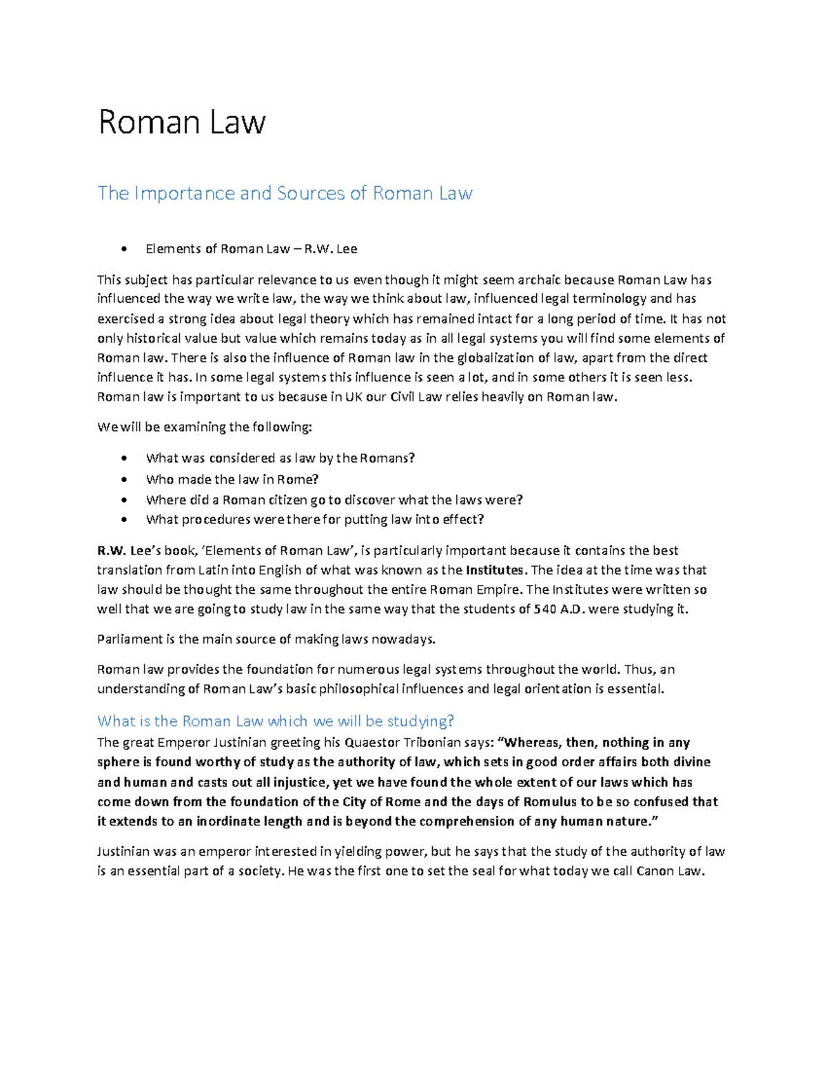 Roman Law LLB Law 1st Year Roman Law The Importance and Sources of