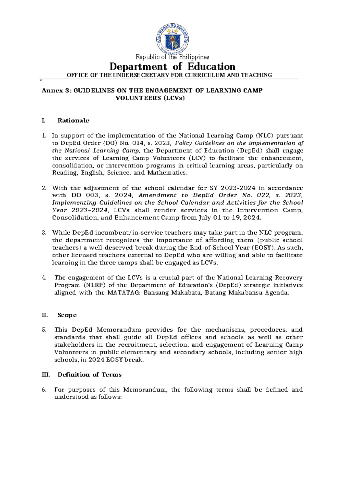 NLC-LCVs - NLC Materials Needed - Republic of the Philippines ...
