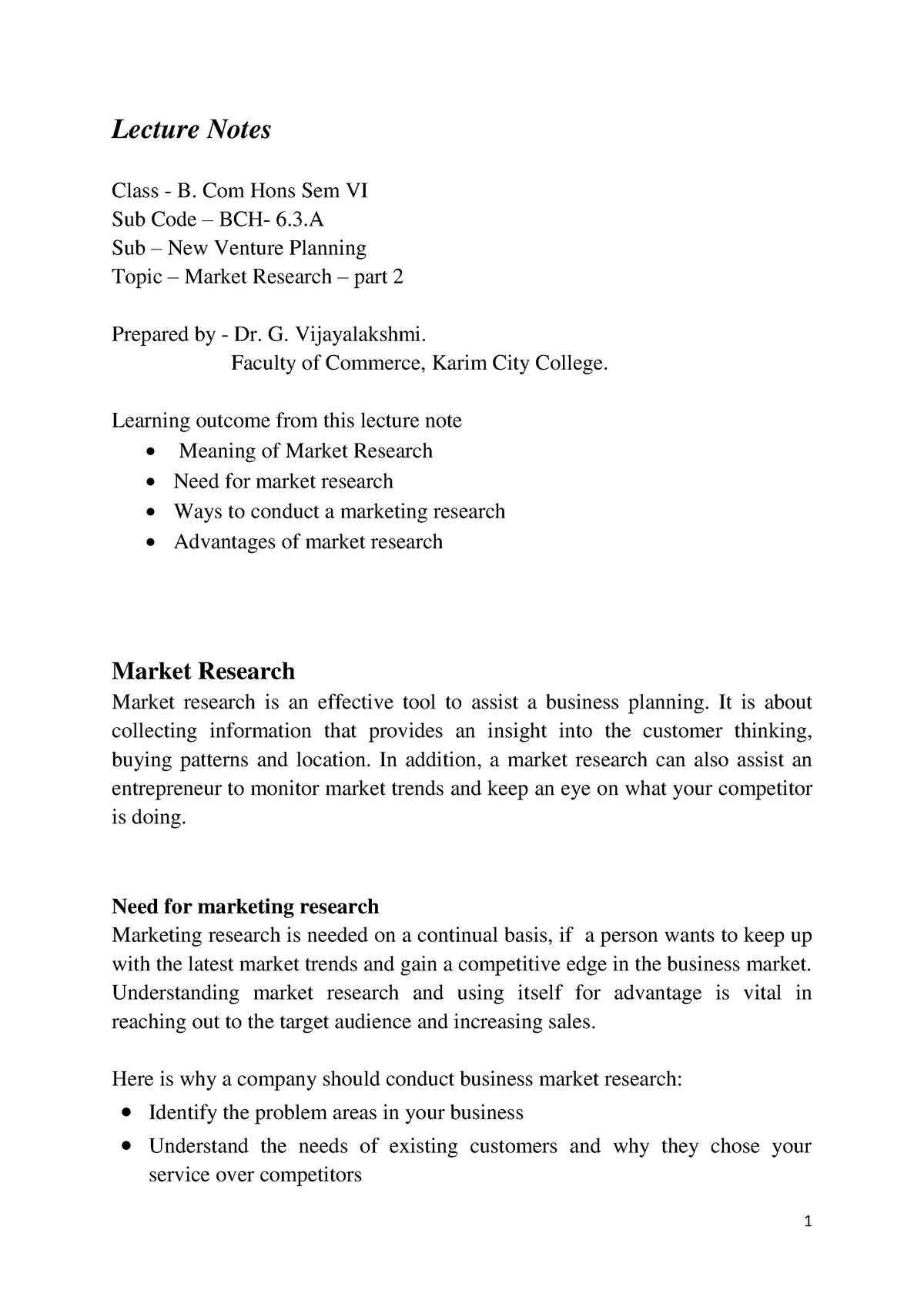 Market Research -2 - Lecture Notes Class - B. Com Hons Sem VI Sub Code ...