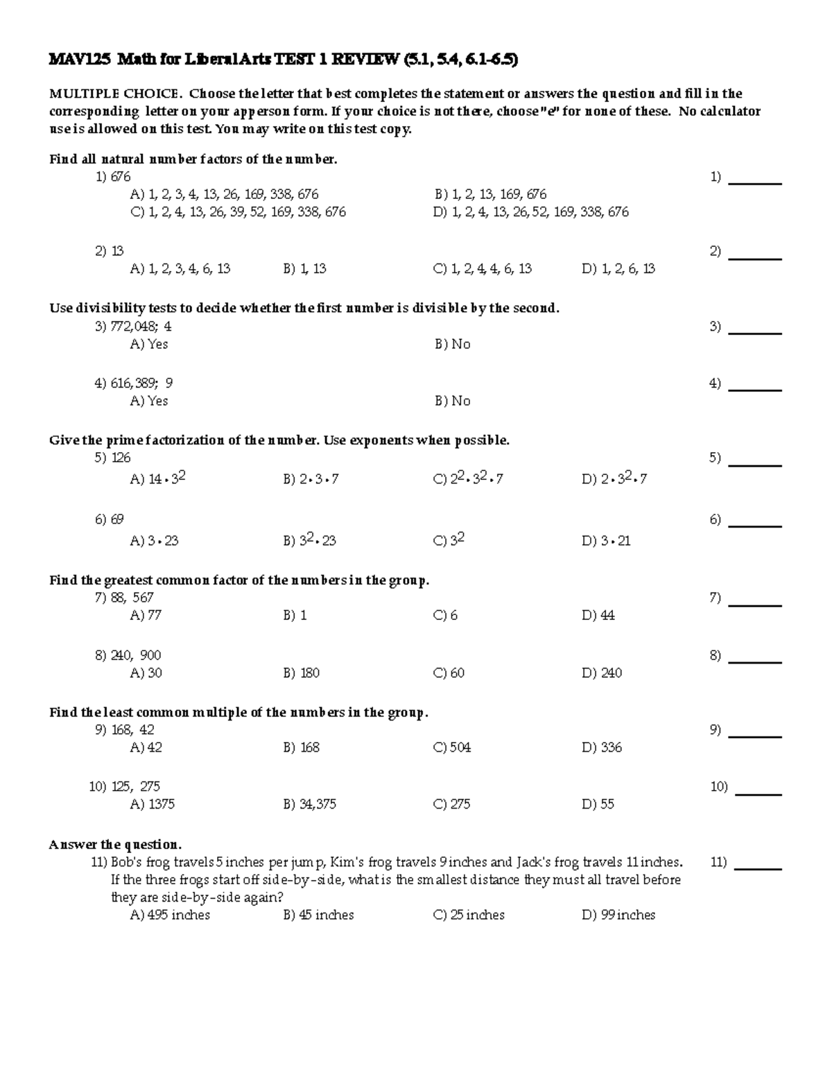 Test+1+Review - Notes From Lecture - MAV125 Math For Liberal Arts TEST ...