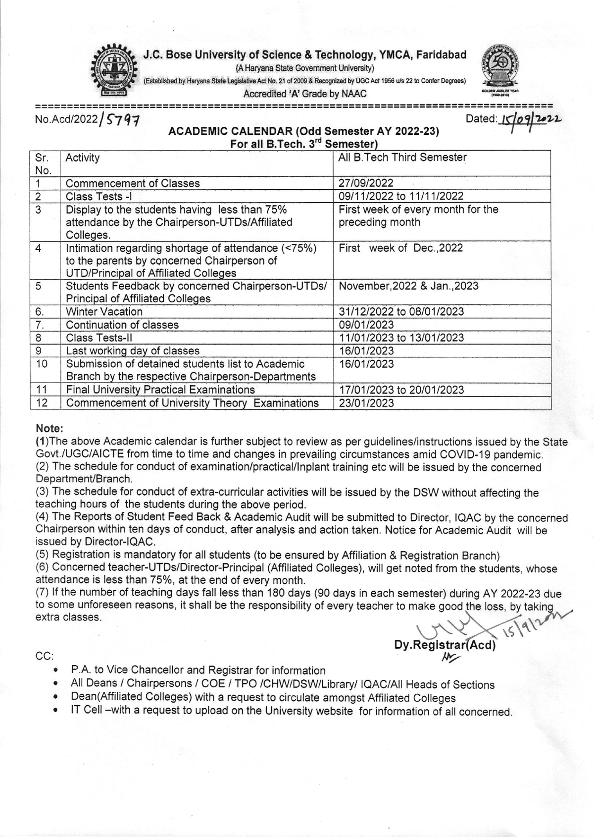 Acd Calendar B Tech 3rd Sem J. Bose University of Science