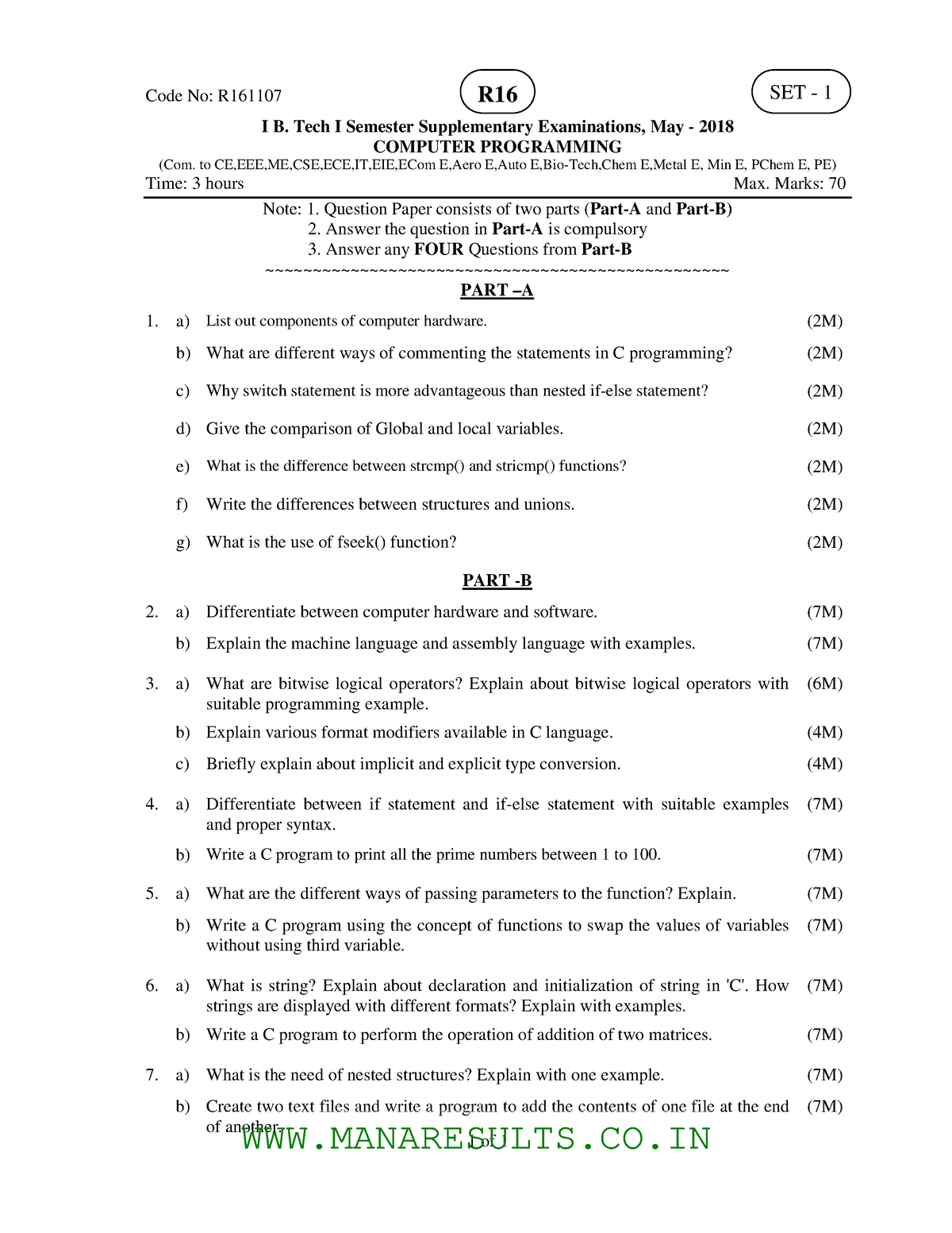 R161107052018 Previous question papers of C Program Code No