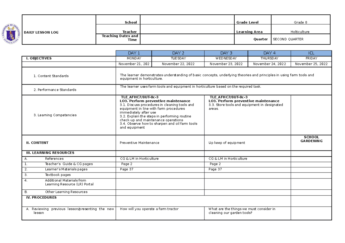 8 WEEK 3 - SOURCE - DAILY LESSON LOG School Grade Level Grade 8 Teacher ...