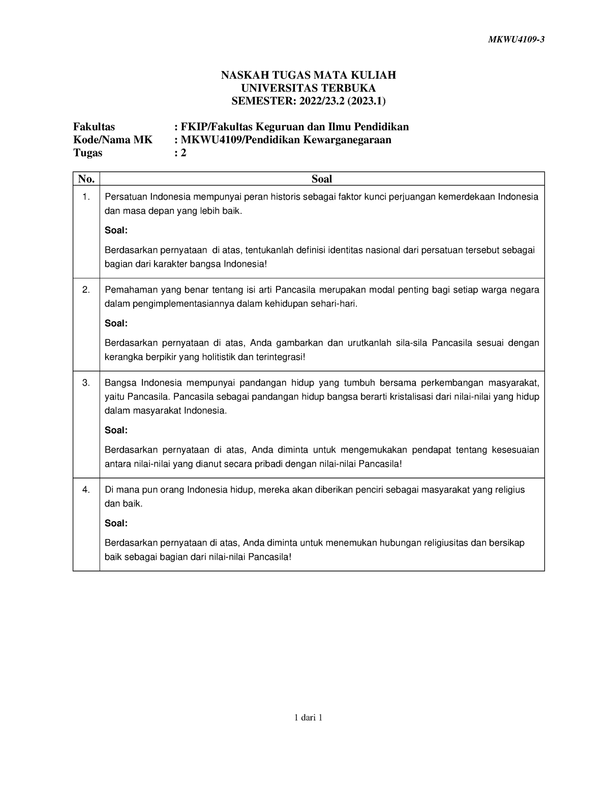 Soal Mkwu4109 Tmk2 3 - MKWU4109- 1 Dari 1 NASKAH TUGAS MATA KULIAH ...