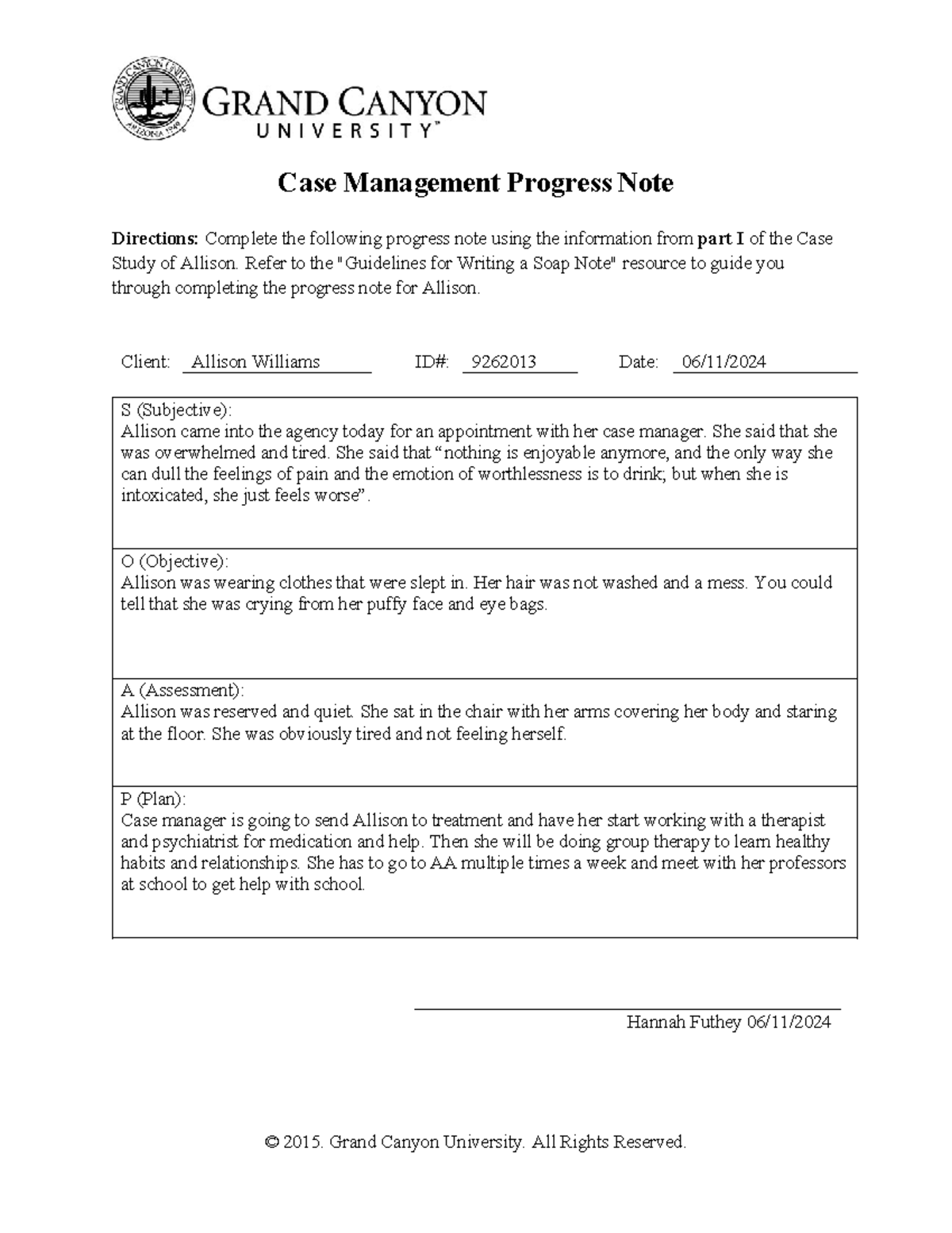 Case Management Progress Note: Allison Williams Case Study - Case ...