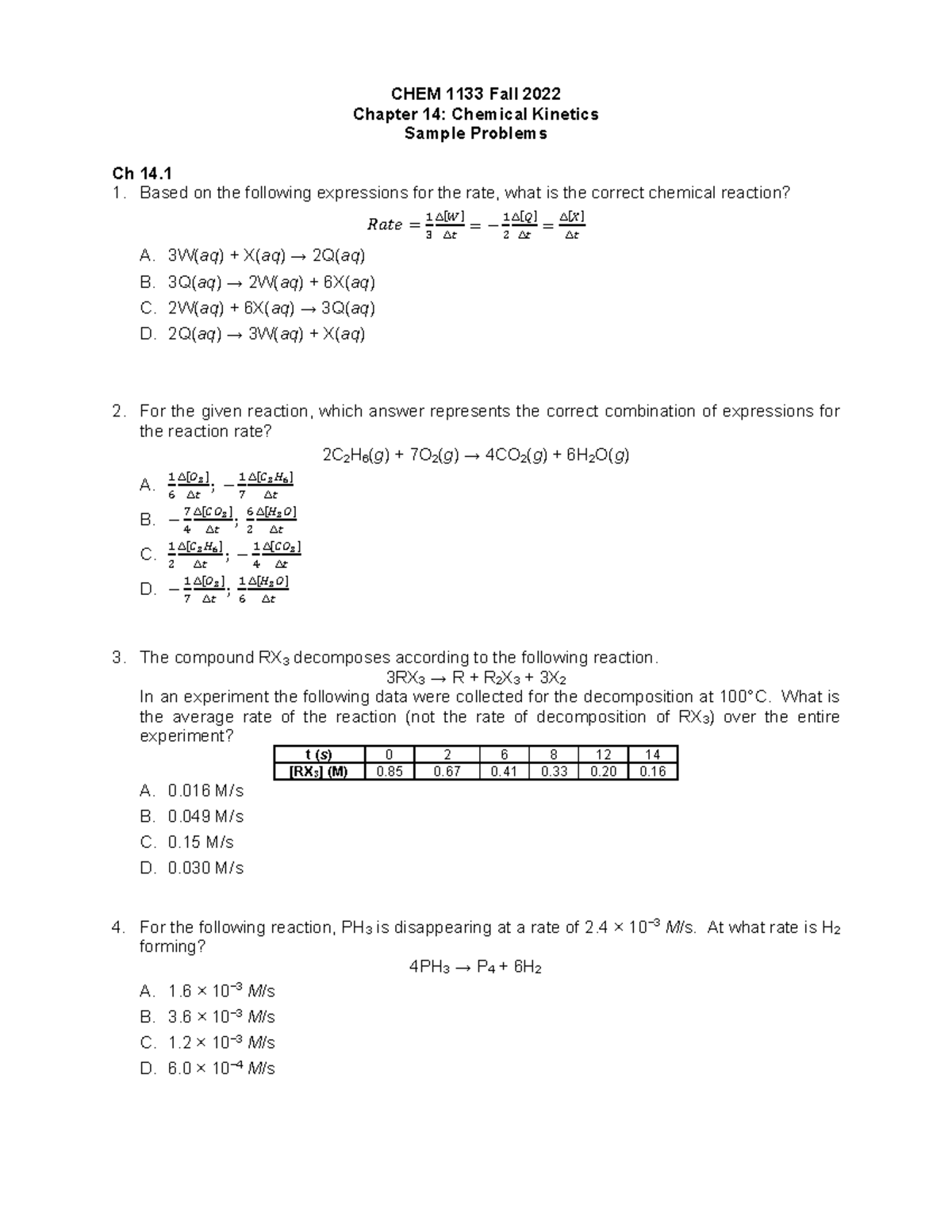 Chapter 14 Sample Problems - CHEM 1133 Fall 2022 Chapter 14: Chemical ...