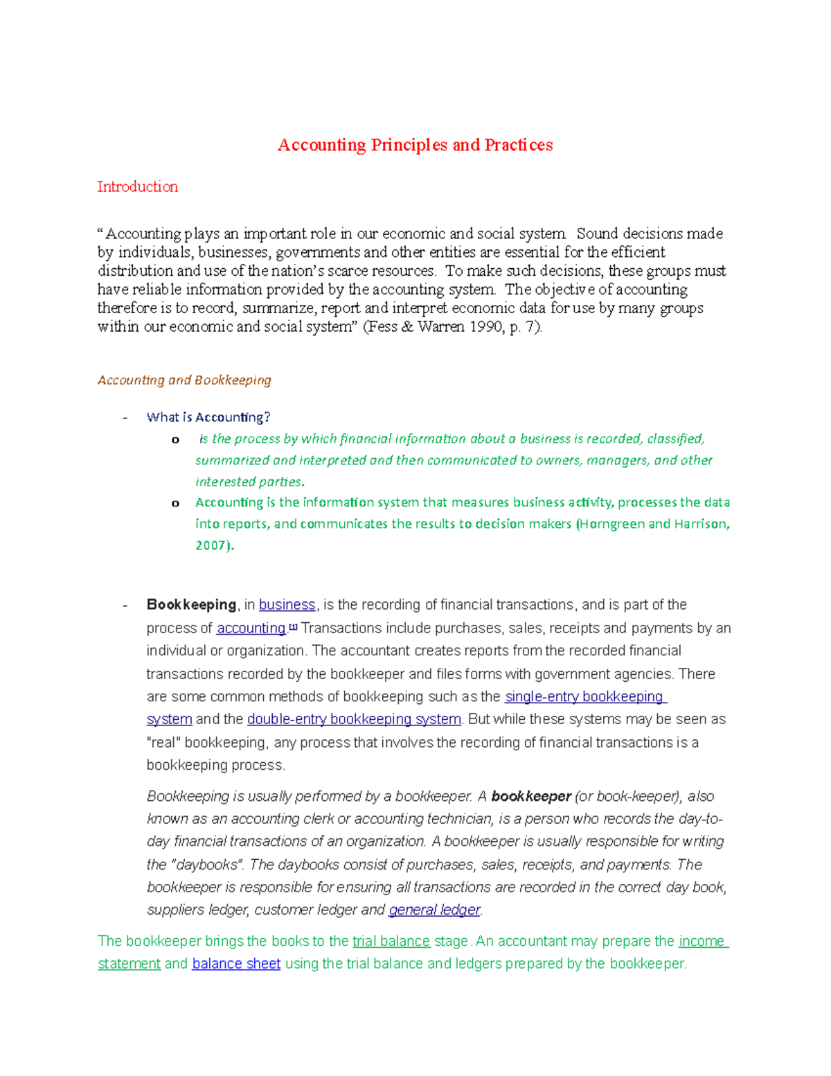 Book Keeping and Accounting - notes - Accounting Principles and ...