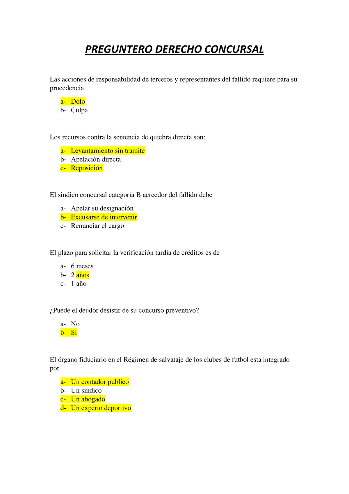 Preguntero Derecho Concursal - PREGUNTERO DERECHO CONCURSAL Las ...