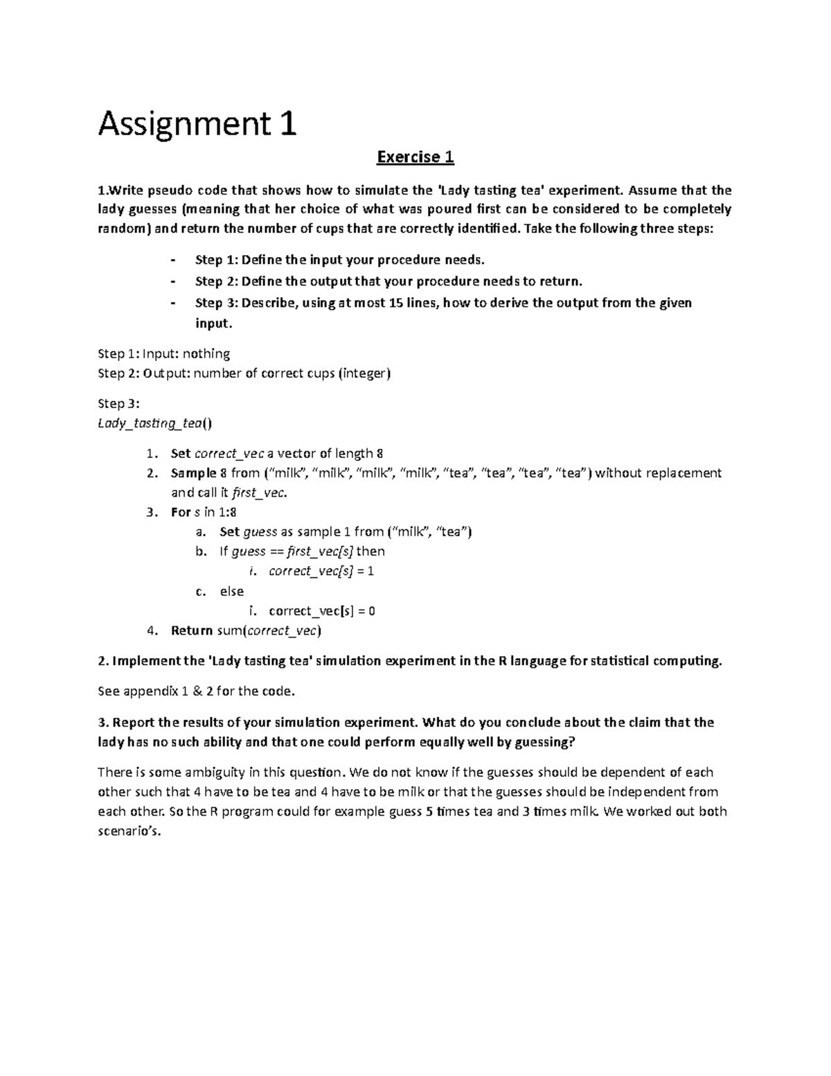 Assignment 1 - Opdracht statistical computing - Assignment 1 Exercise 1 ...