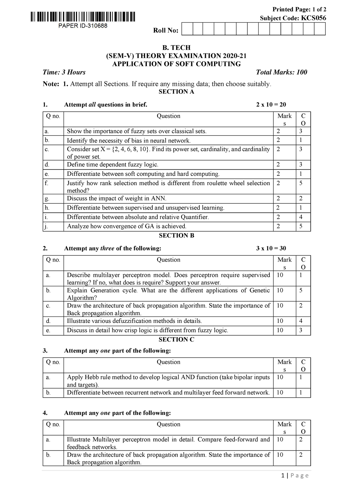 Btech Cs 5 Sem Application Of Soft Computing Kcs056 2021 - Printed Page ...