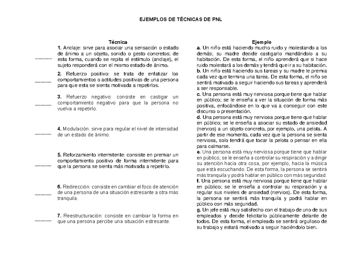 Ejemplos de Técnicas de PNL - EJEMPLOS DE TÉCNICAS DE PNL Técnica