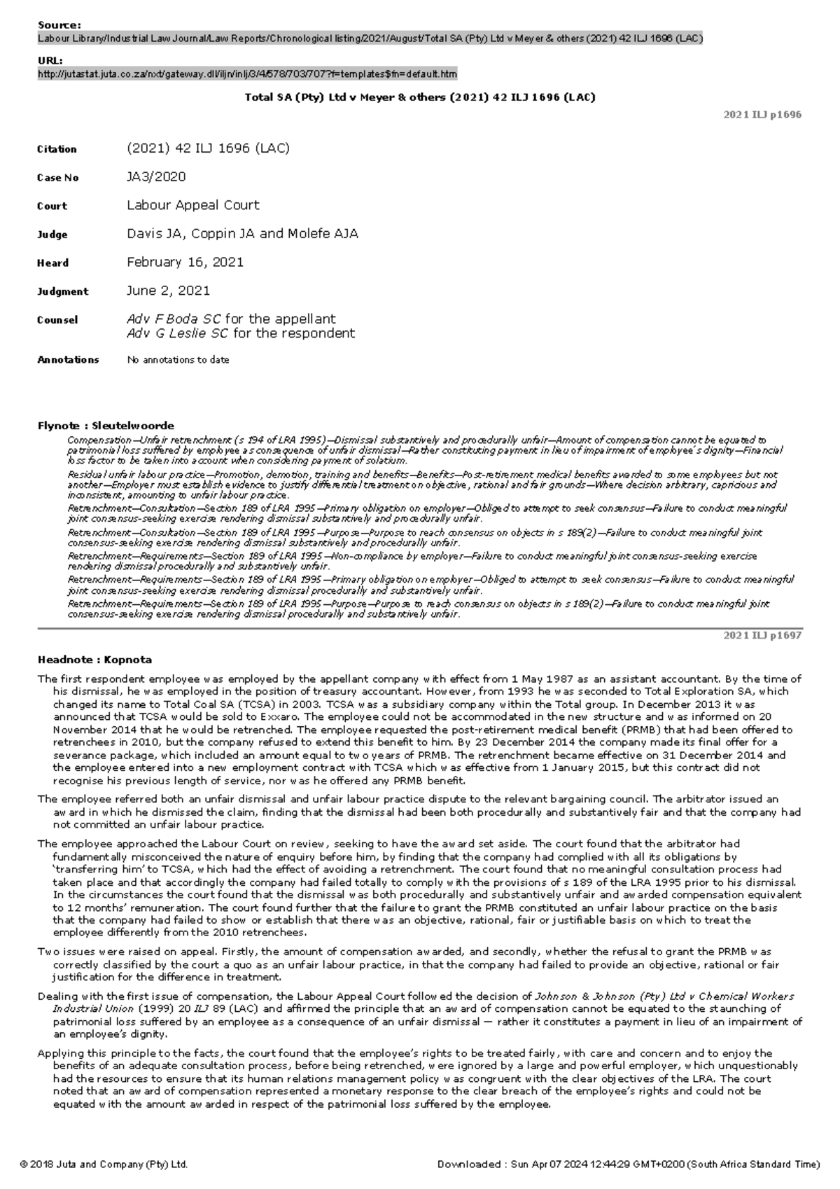 Total SA (Pty) Ltd v Meyer & others (2021) 42 ILJ 1696 (LAC) - Source ...