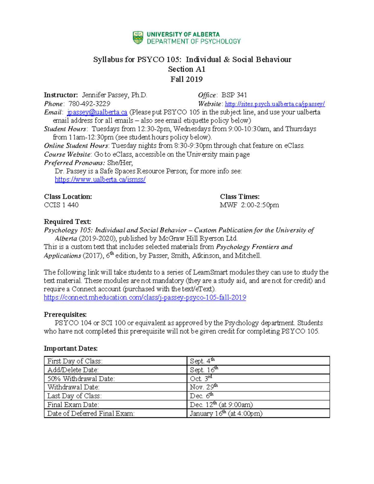 Psyco 105 A1 Fall 2019 Passey - Syllabus for PSYCO 105: Individual ...