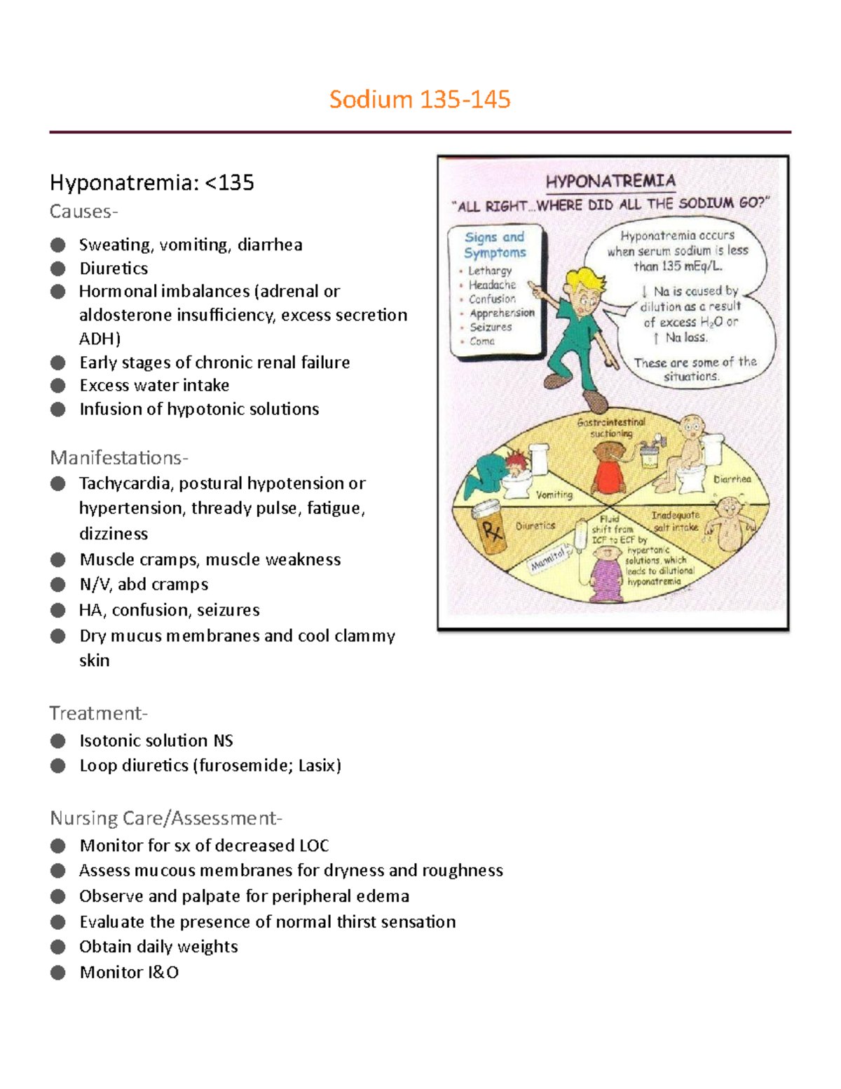 Copy of Med-Surg II - Exam #1 Study Guide - Sodium 135- Hyponatremia: