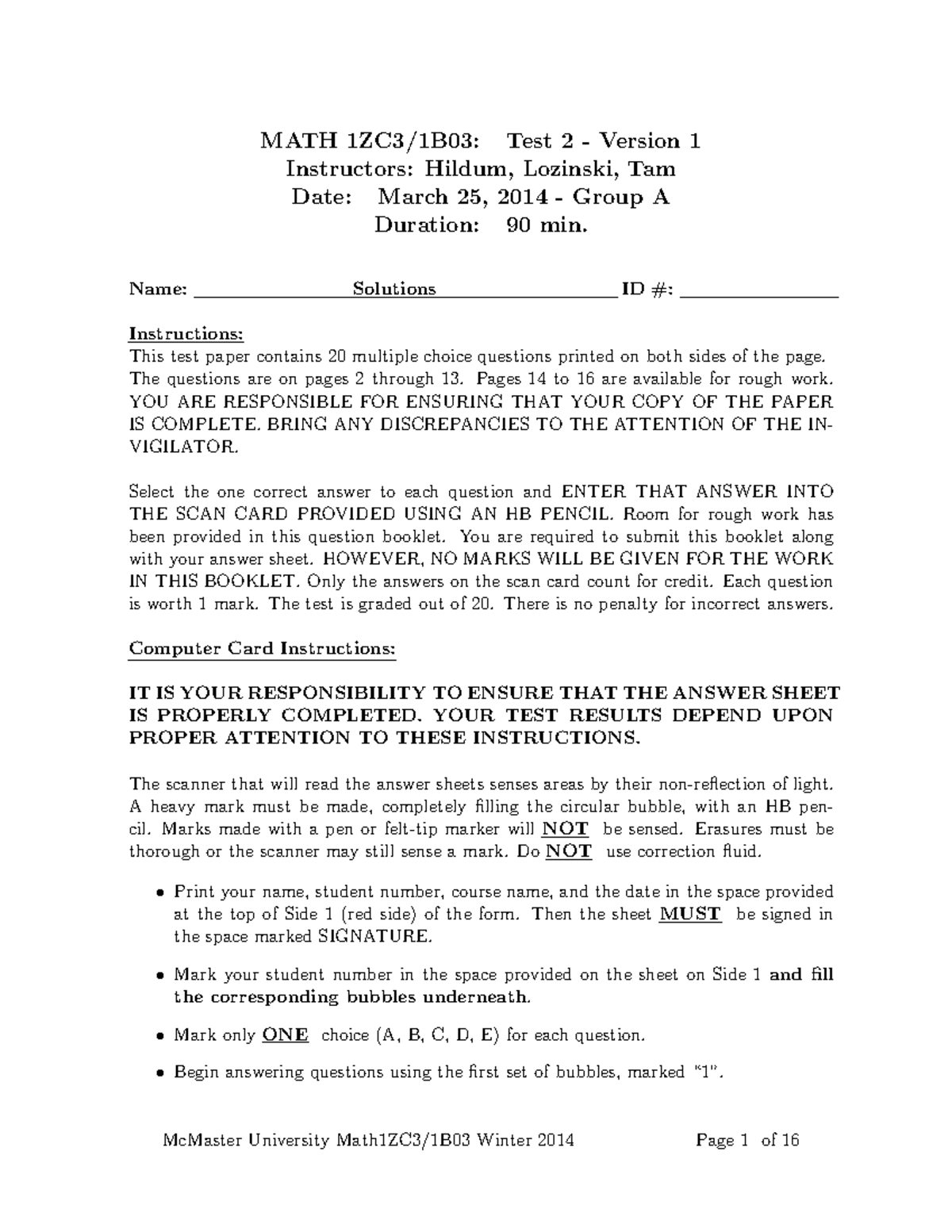 Math1b03 test2 v A1 solution - MATH 1ZC3/1B03: Test 2 - Version 1 ...