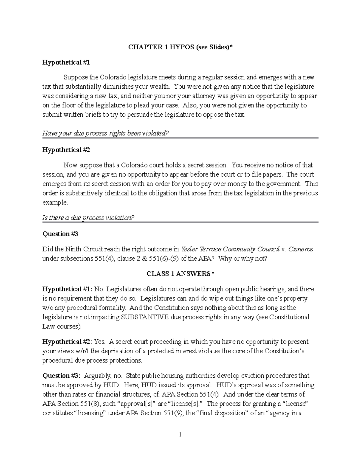 Administrative Law Hypos and Very Rough Answers CHAPTER 1 HYPOS (see