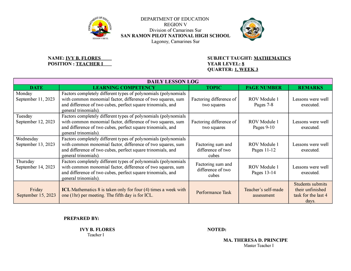MATH 8 DLL - DLL - REGION V Division of Camarines Sur SAN RAMON PILOT ...