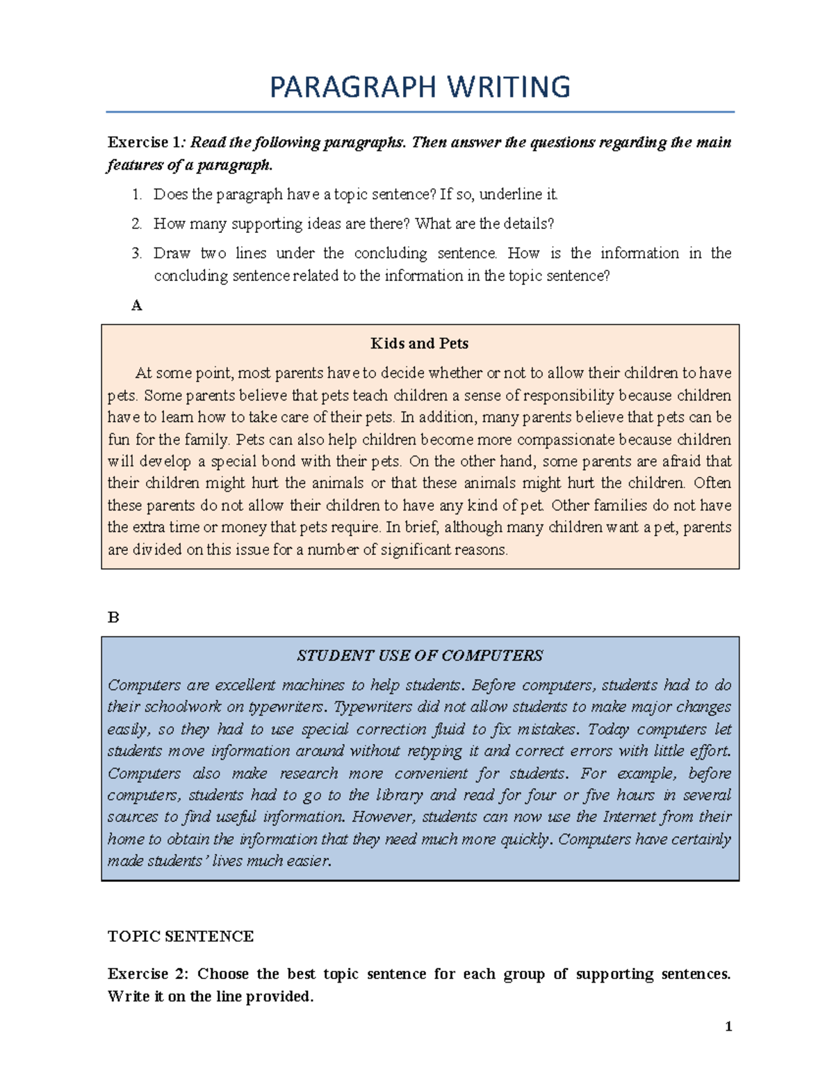 Paragraph writing - TLH - PARAGRAPH WRITING Exercise 1: Read the ...