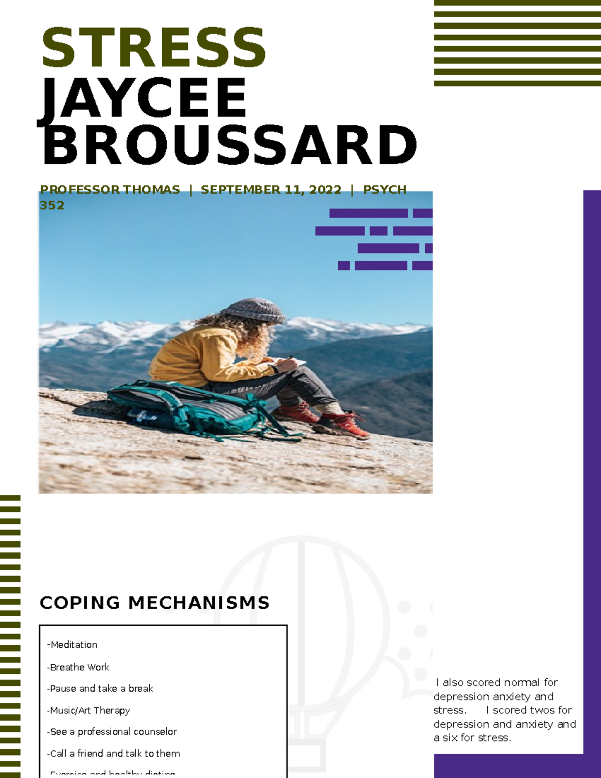 Stress assignment - STRESS JAYCEE BROUSSARD PROFESSOR THOMAS ...