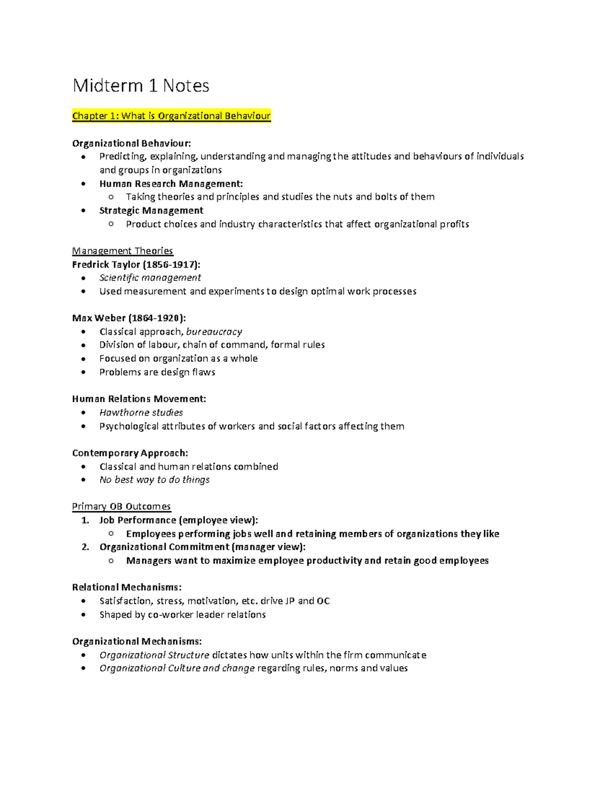 Chapter 1 OB - Lecture notes 1 - Midterm 1 Notes Chapter 1: What is ...