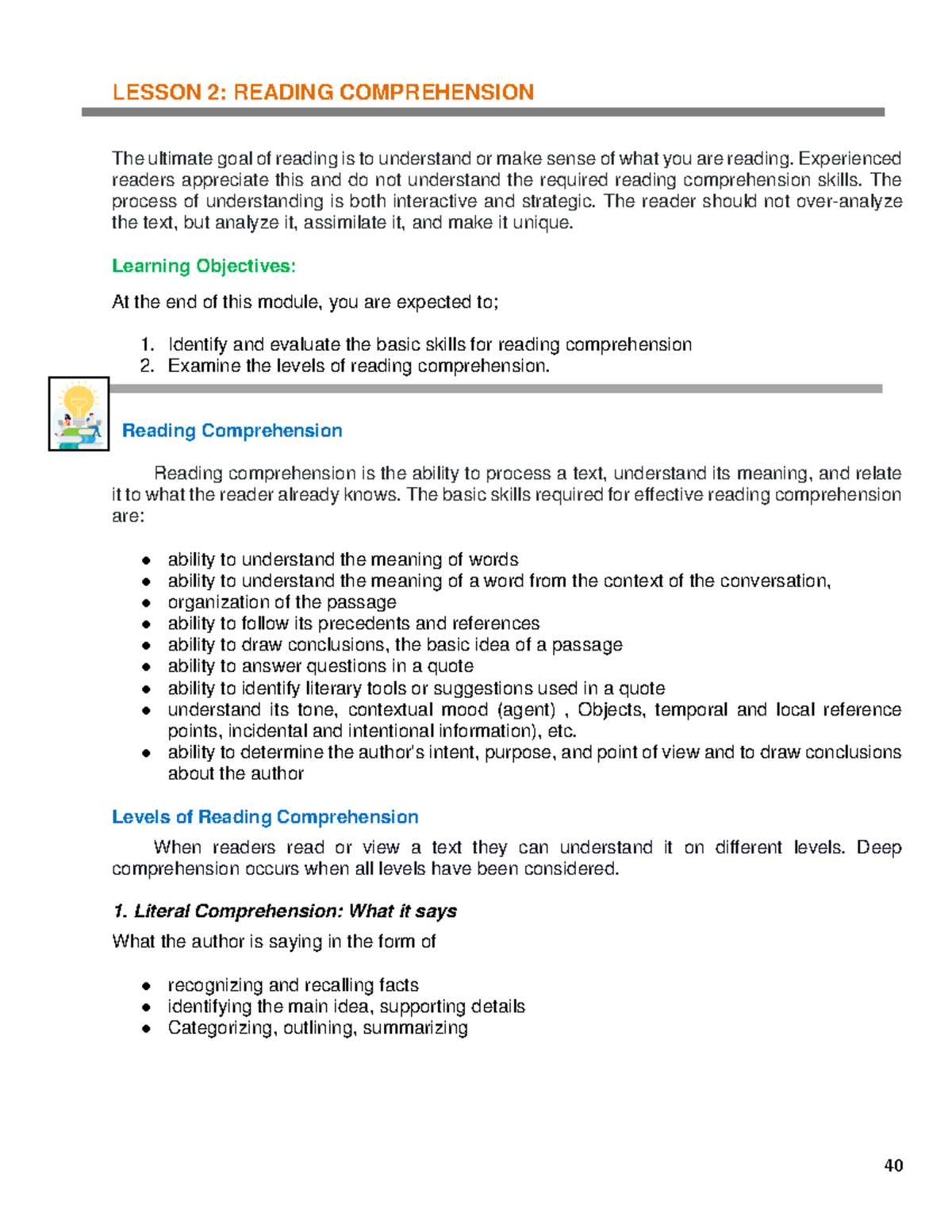 Developmental Reading Reading Comprehension Lesson 2 Reading Developmental Reading Reading Comprehension Lesson 2 Reading