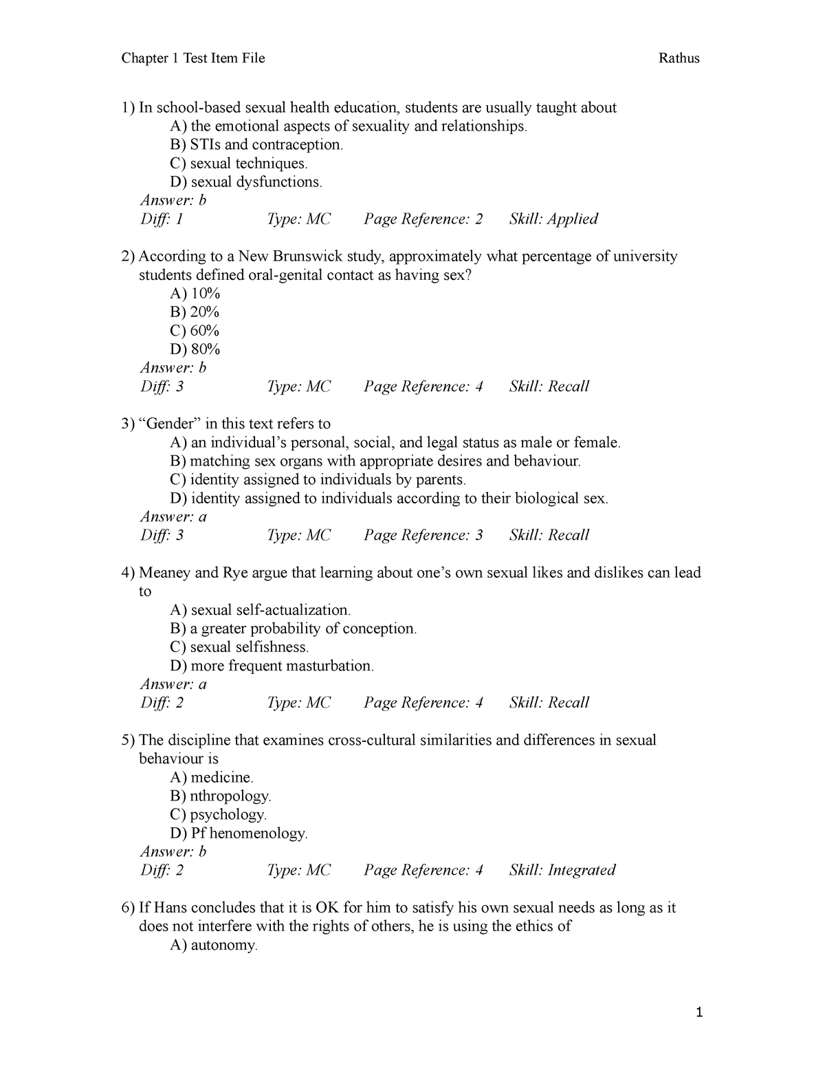 Ch01 quiz bank Chapter 1 Test Item File Rathus 1 In school