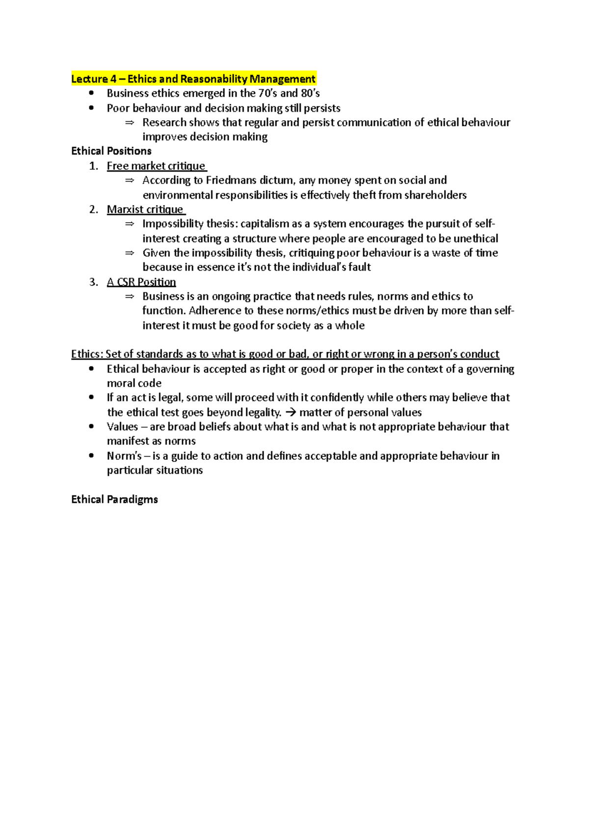 Lecture 4 - Notes - Lecture 4 – Ethics and Reasonability Management ...