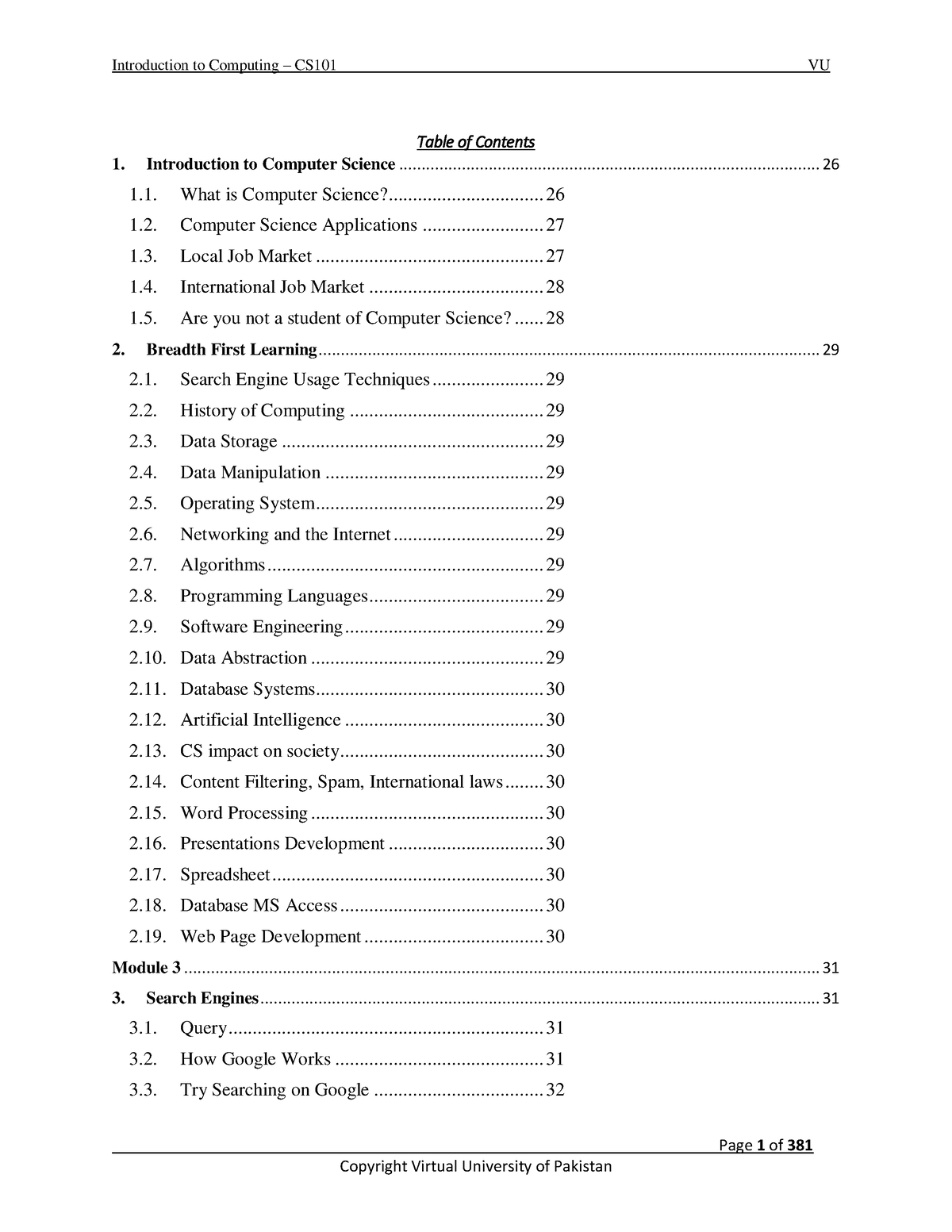 CS101 Introduction to Computing - Handouts - Table of Contents - Page 1 ...