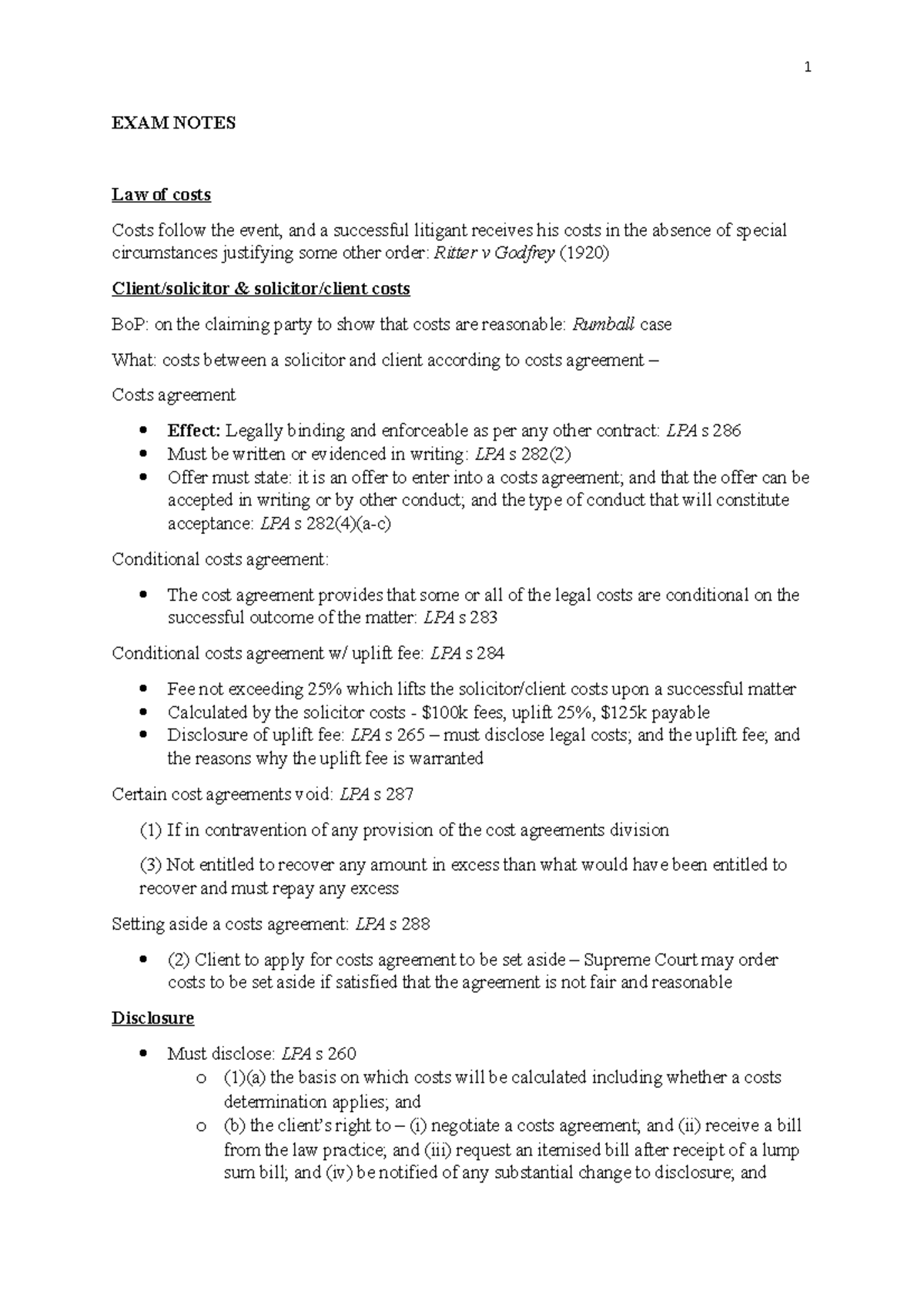 Law of Costs Exam Notes EXAM NOTES Law of costs Costs follow the event, and a successful
