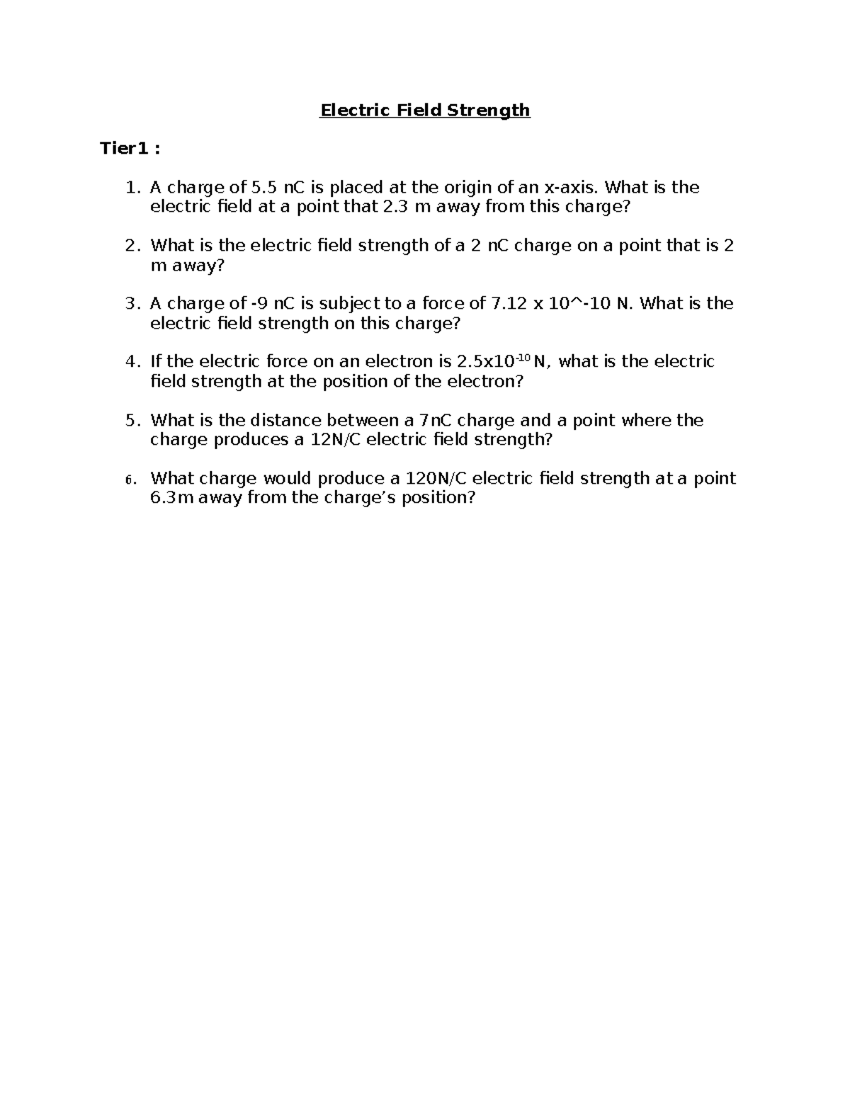Electric Field strength Tier1 Electric Field Strength Tier1 A
