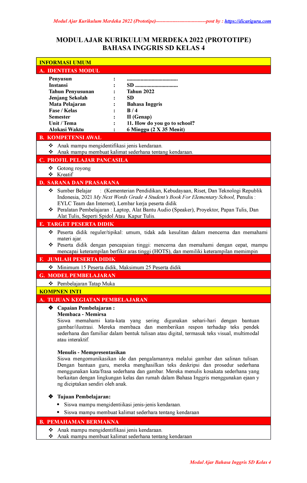 11. Modul Ajar B. Inggris Unit 11 Kelas 4 ( Dicariguru - MODUL AJAR ...