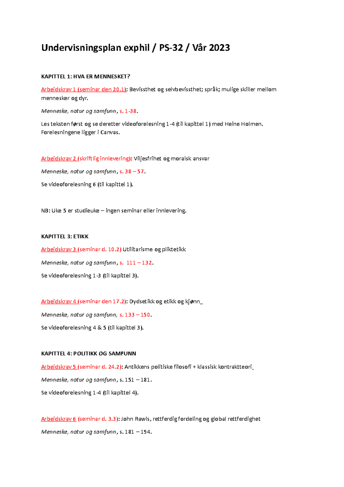 Undervisningsplan Vår 2023 - Undervisningsplan Exphil / PS-32 / Vår ...