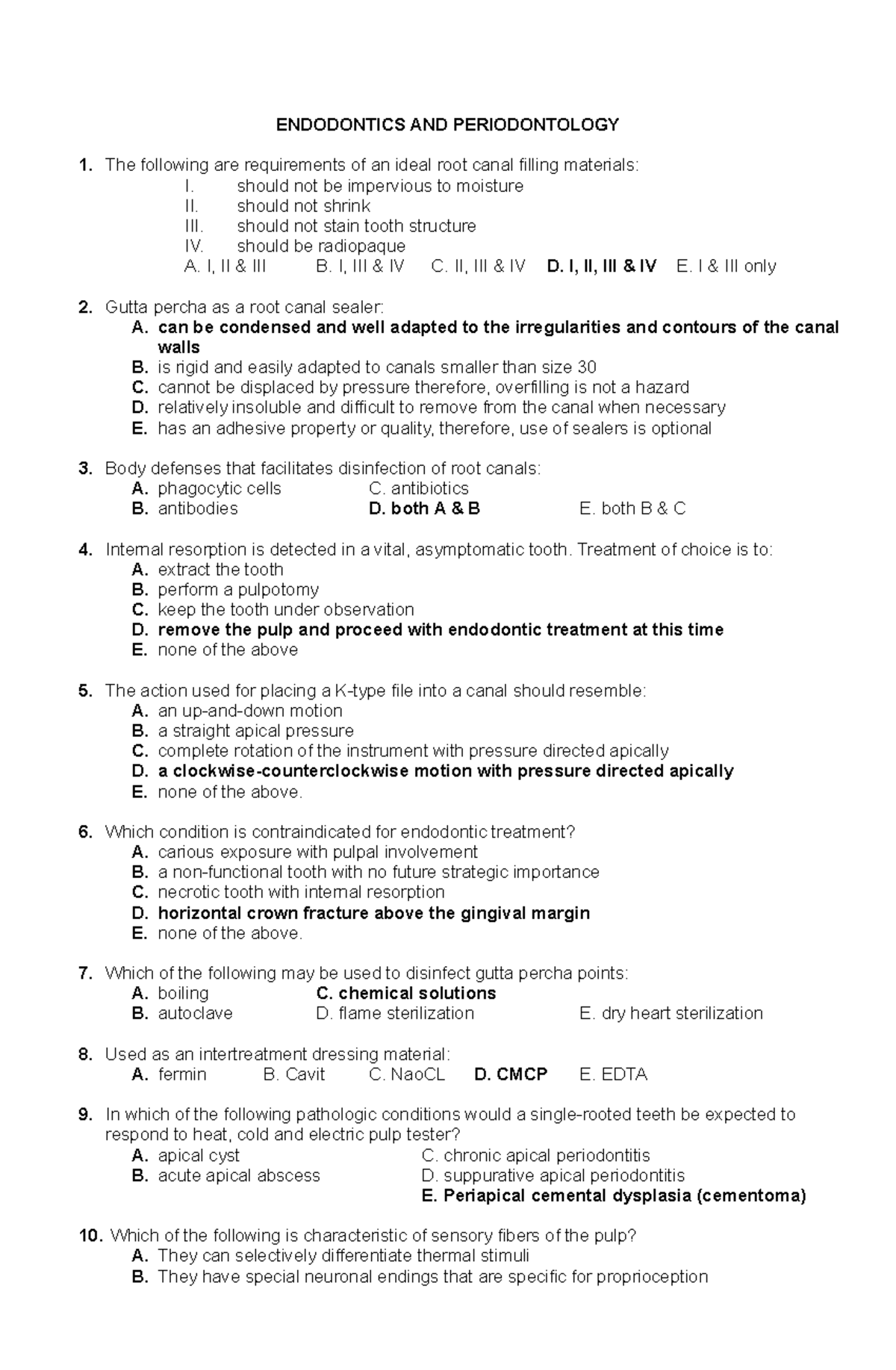 Exam 1 2017, questions and answers ENDODONTICS AND PERIODONTOLOGY 1