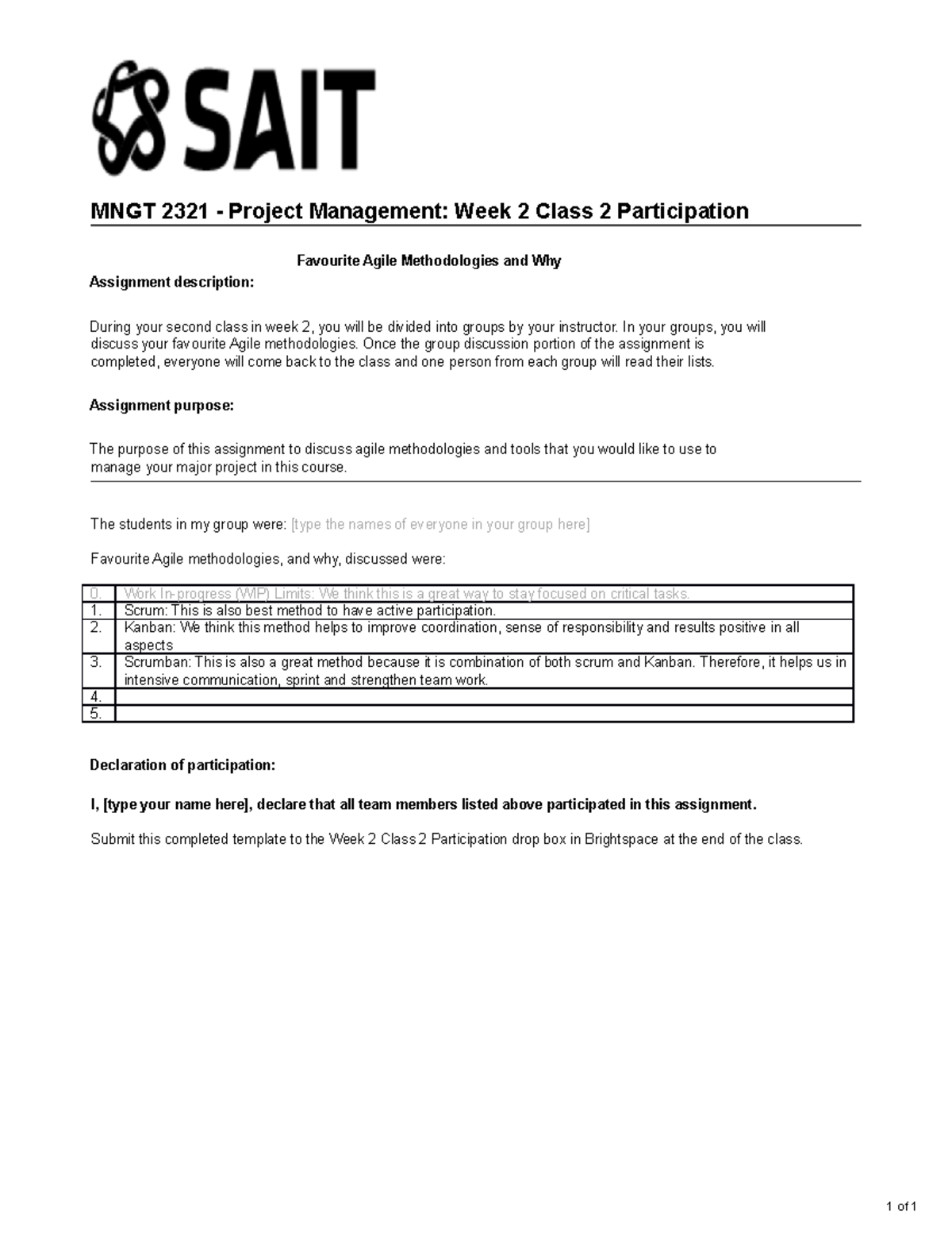 MNGT 321 Week 2 Class 2 Template For Graded In Class Assignment Agile ...