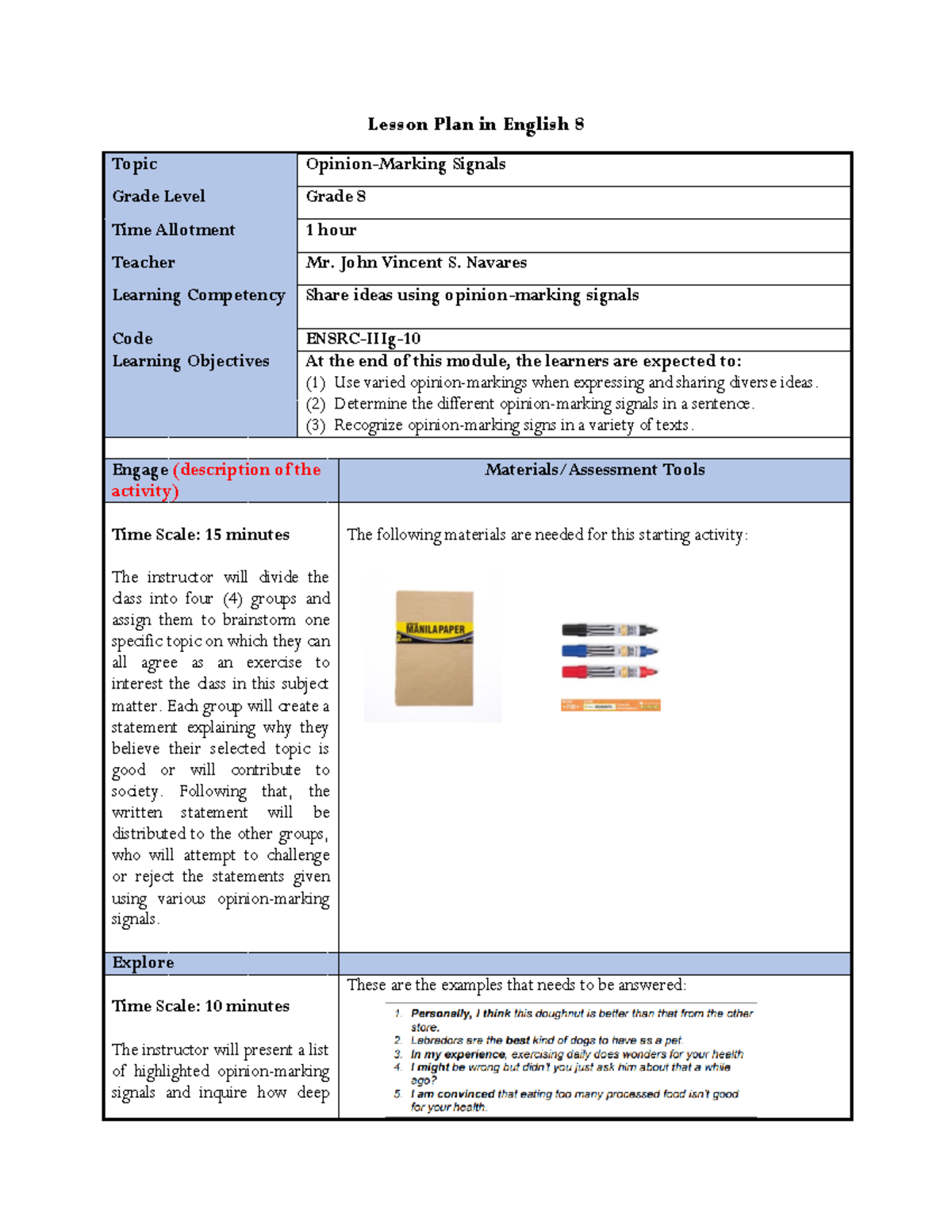 Lesson+Plan+(Navares)+ - Lesson Plan in English 8 Topic Opinion-Marking ...