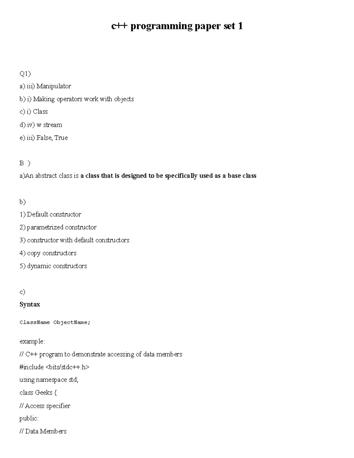 C++ programming paper set -2 - c++ programming paper set 1 Q1) a) iii ...