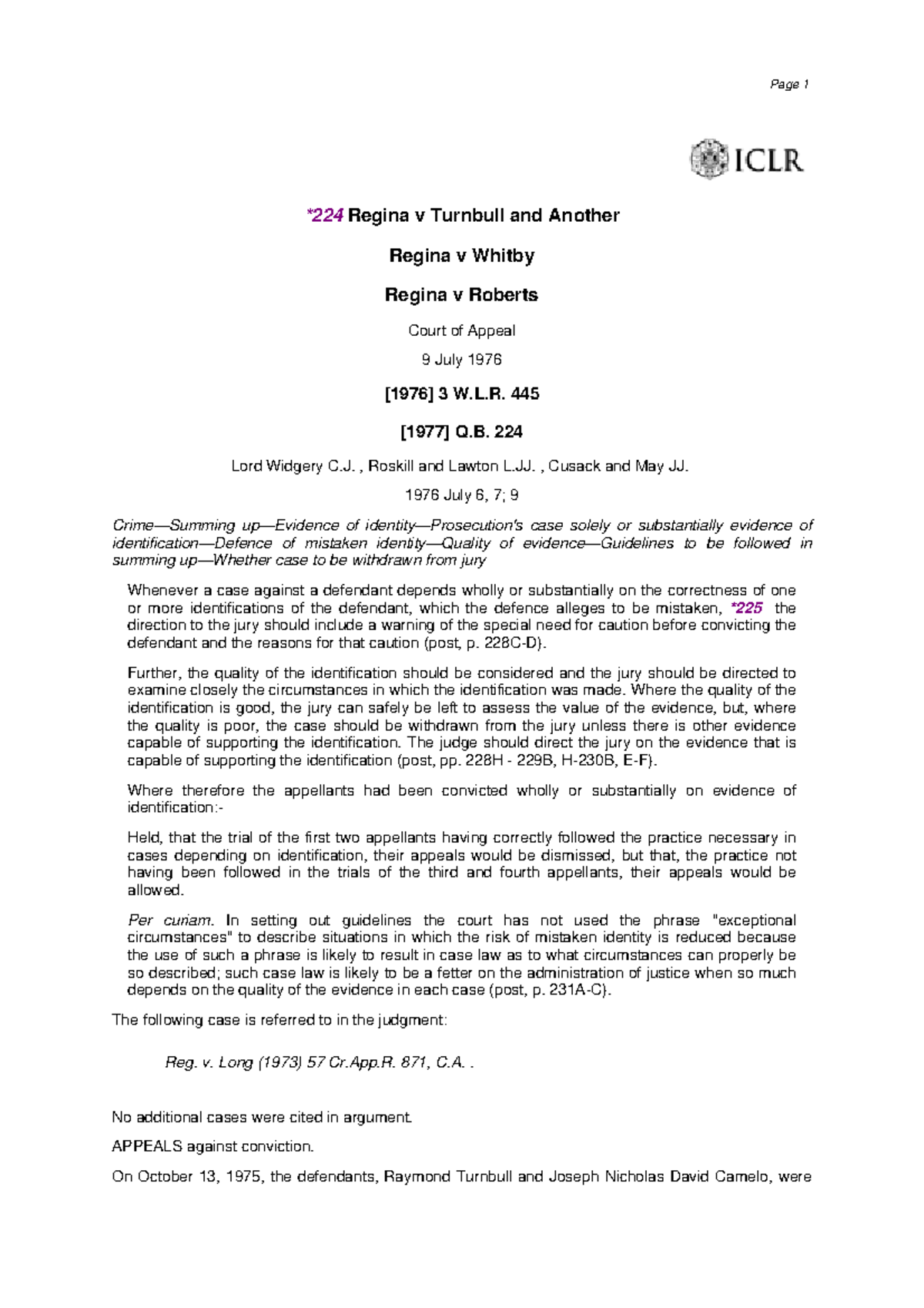 R v Turnbull [1977] QB 224 Page 1 Regina v Turnbull and Another