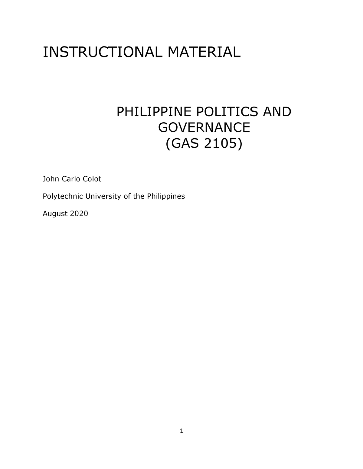 (GAS 2105) Phil. Politics, Governance - INSTRUCTIONAL MATERIAL ...