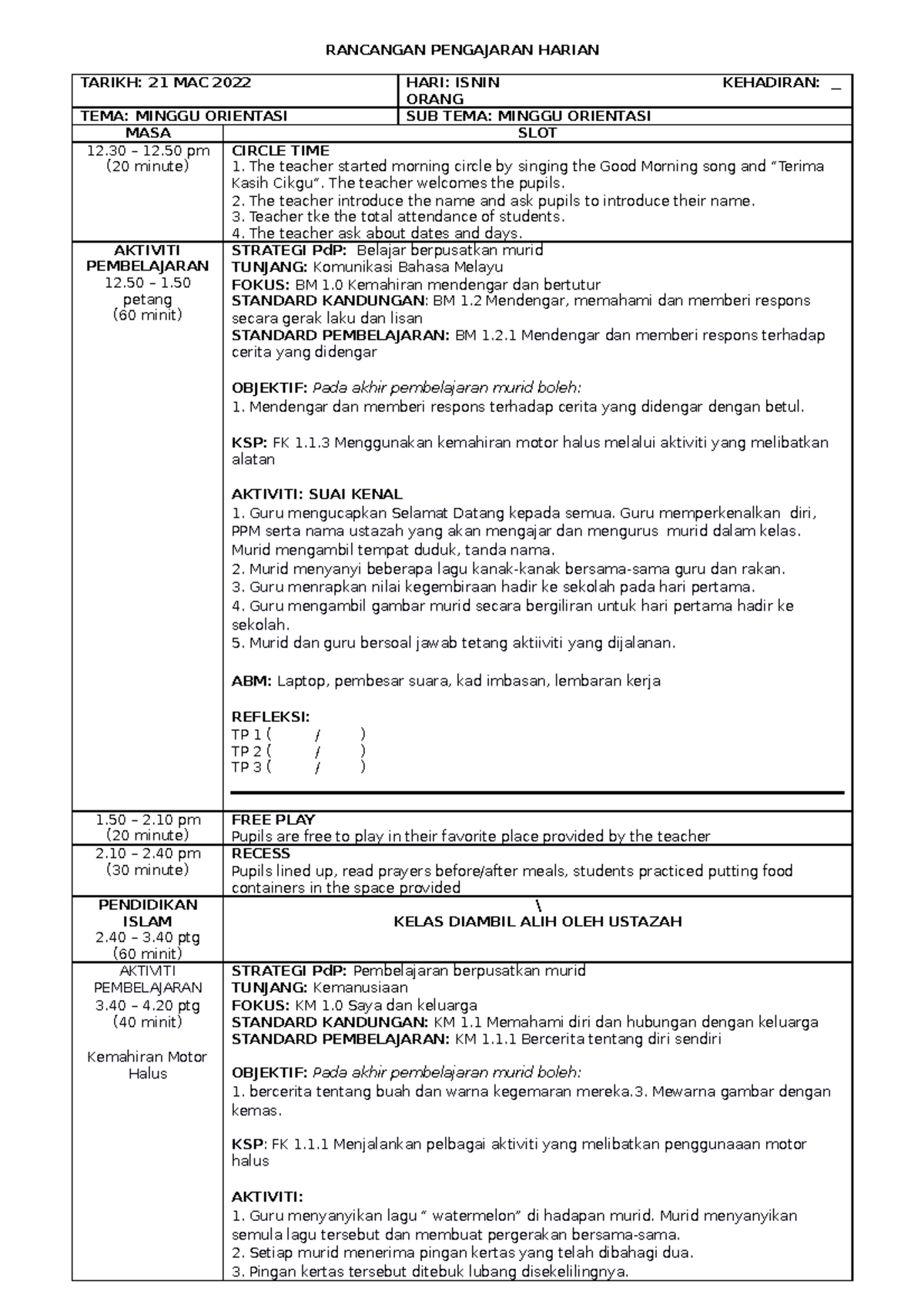 M1 Minggu Orientasi - Contoh RPH - RANCANGAN PENGAJARAN HARIAN TARIKH ...