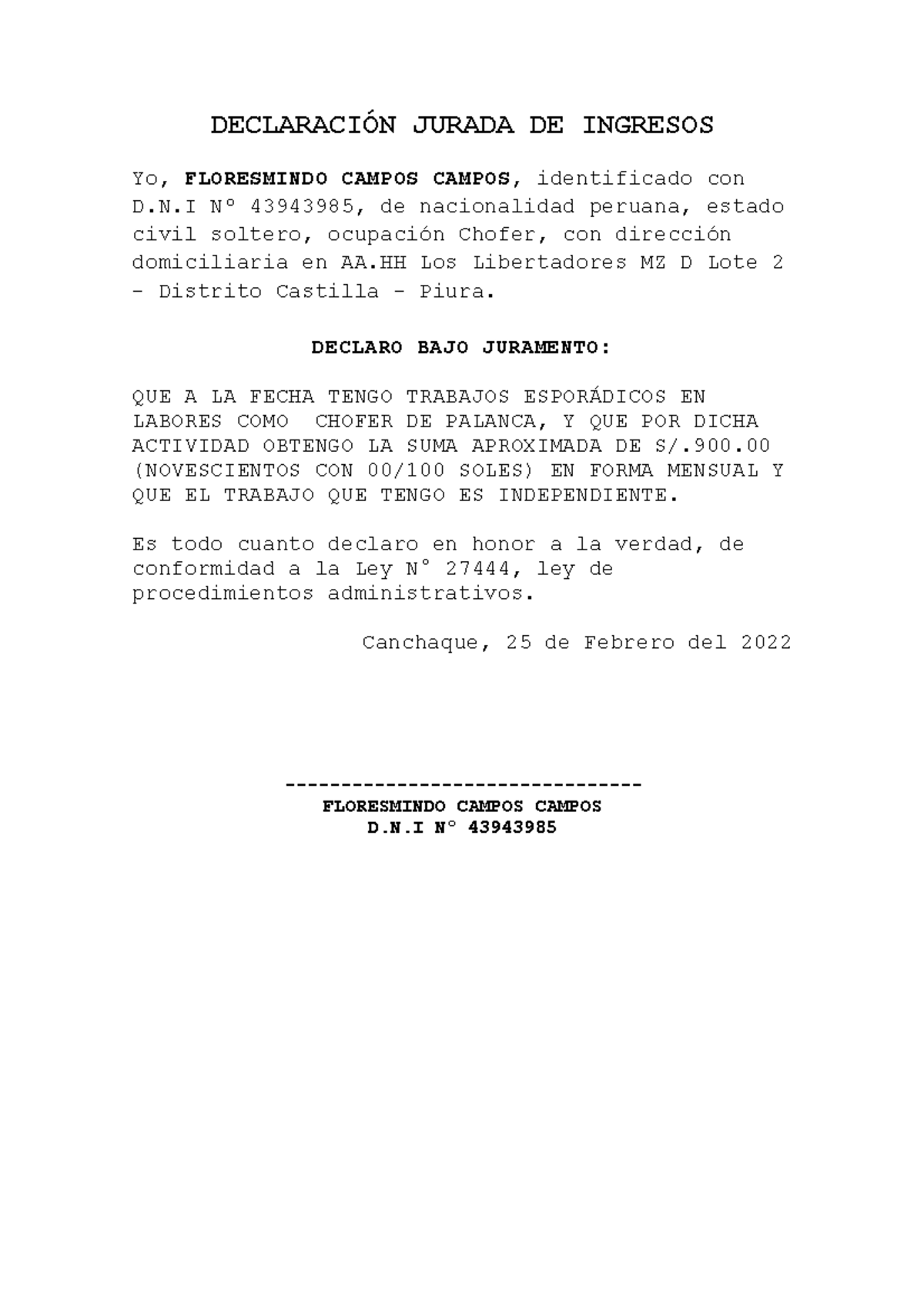 382638897 Declaracion Jurada de Ingresos - DECLARACIÓN JURADA DE ...