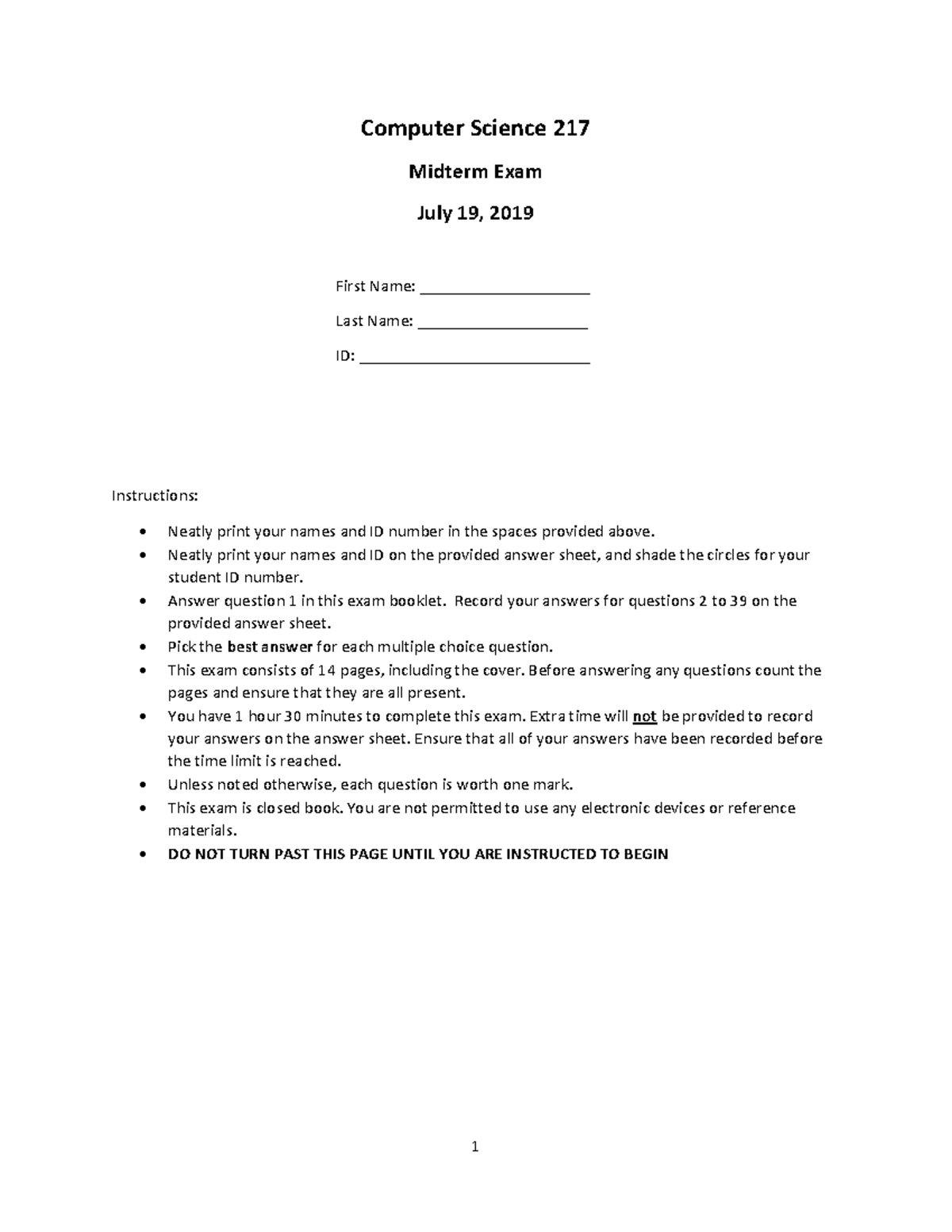 Midterm Exam S19 - Computer Science 217 Midterm Exam July 19, 201 9 ...